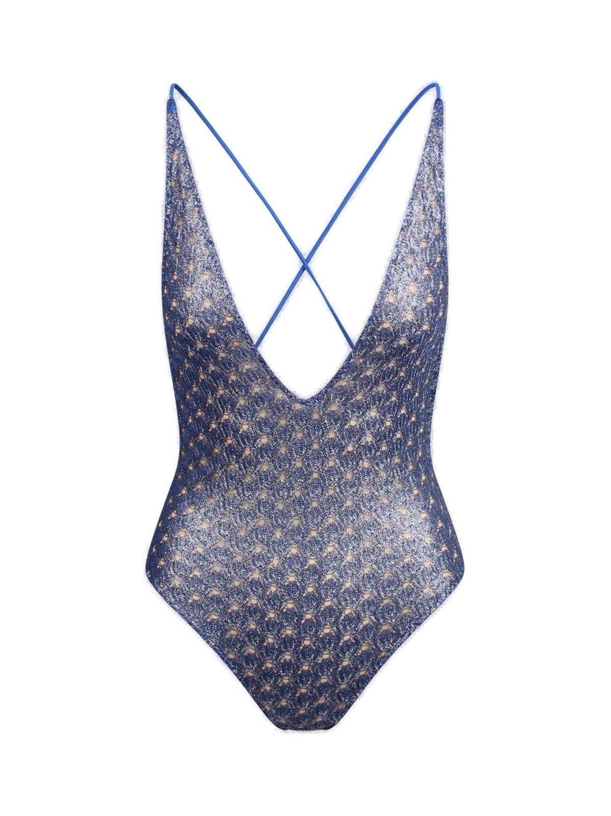 Shop Missoni Lamé-effect Plunging V-neck Swimsuit In Lapis Blue