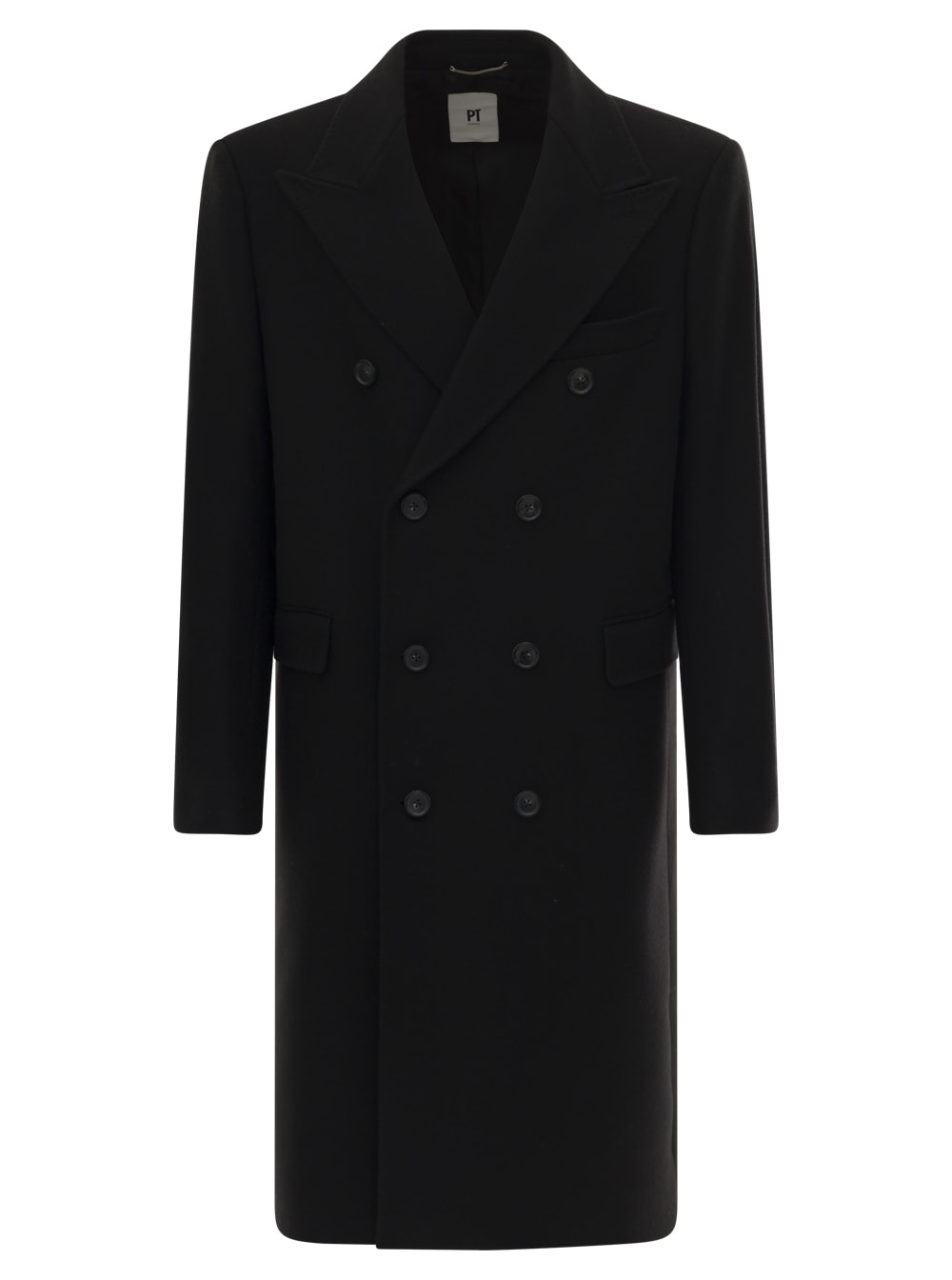 PT01 Black Long Double-breasted Coat With Padded Shoulders In Wool Man Pt Torino
