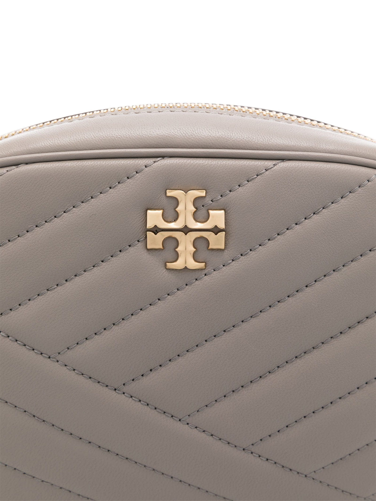 Shop Tory Burch Kira Chevron Leather Camera Bag With Shoulder Strap In Gray Heron