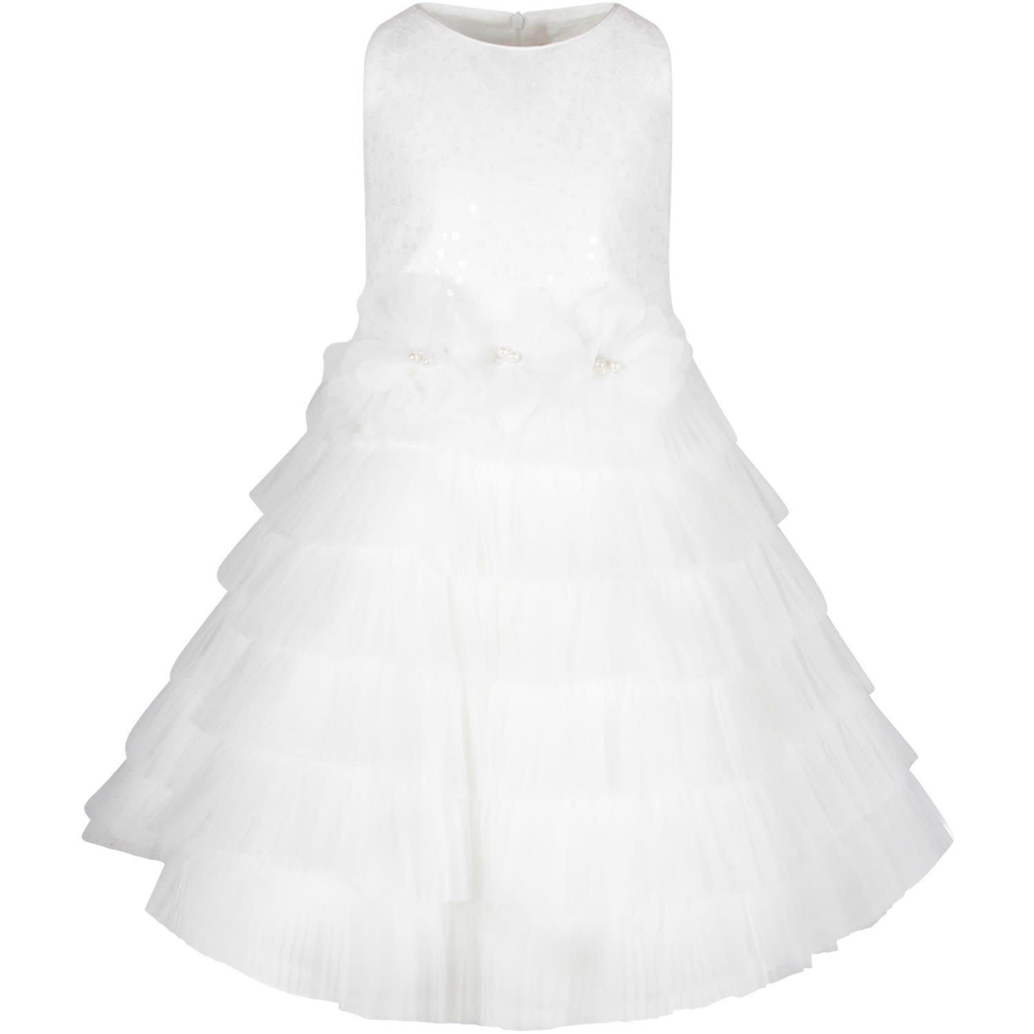 Loredana White Dress For Girl With Flowers And Sequins | Coshio Online Shop