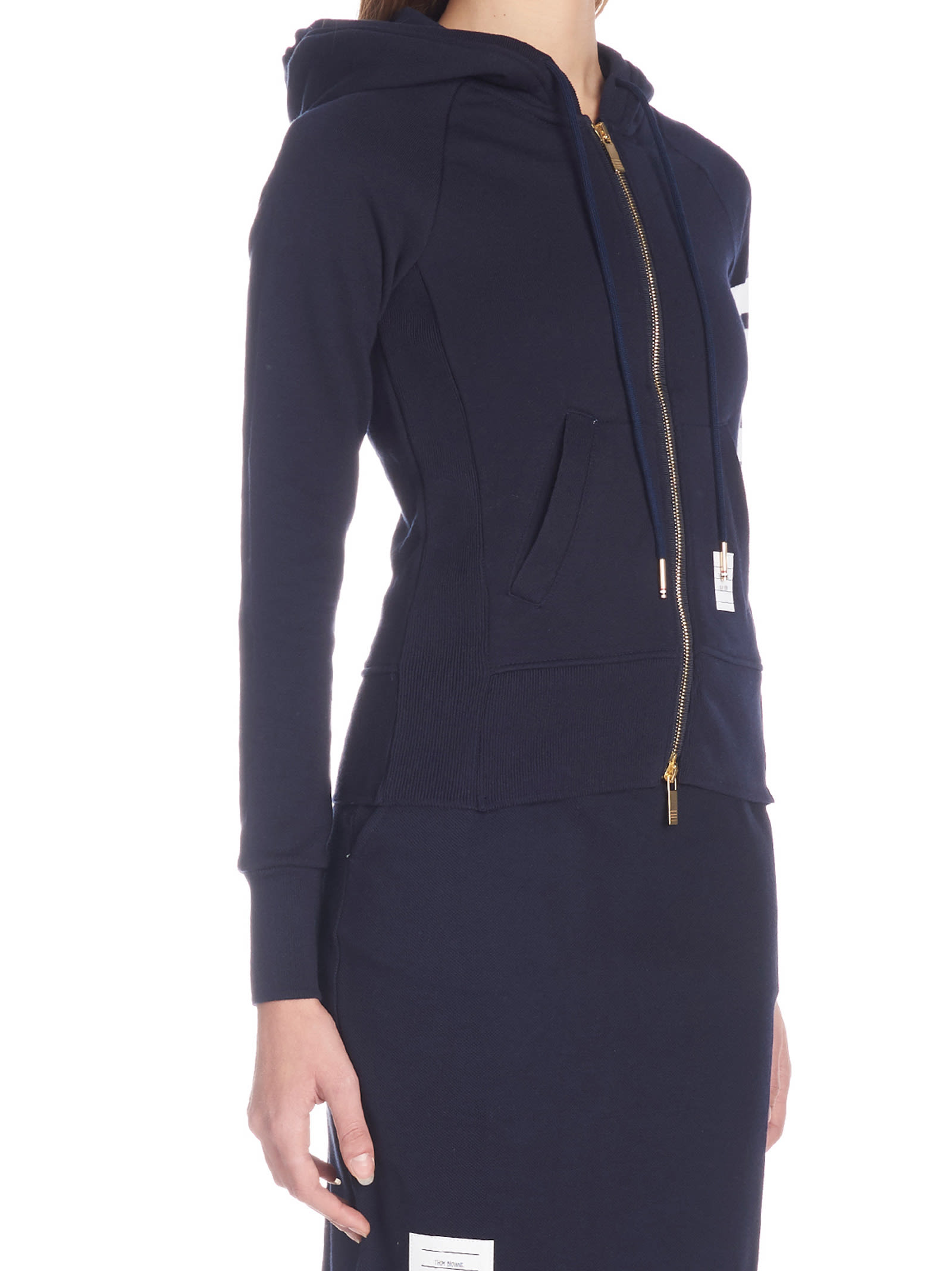 Thom Browne Fitted Blue Zipper Hoodie With Contrasting Stripes In Navy