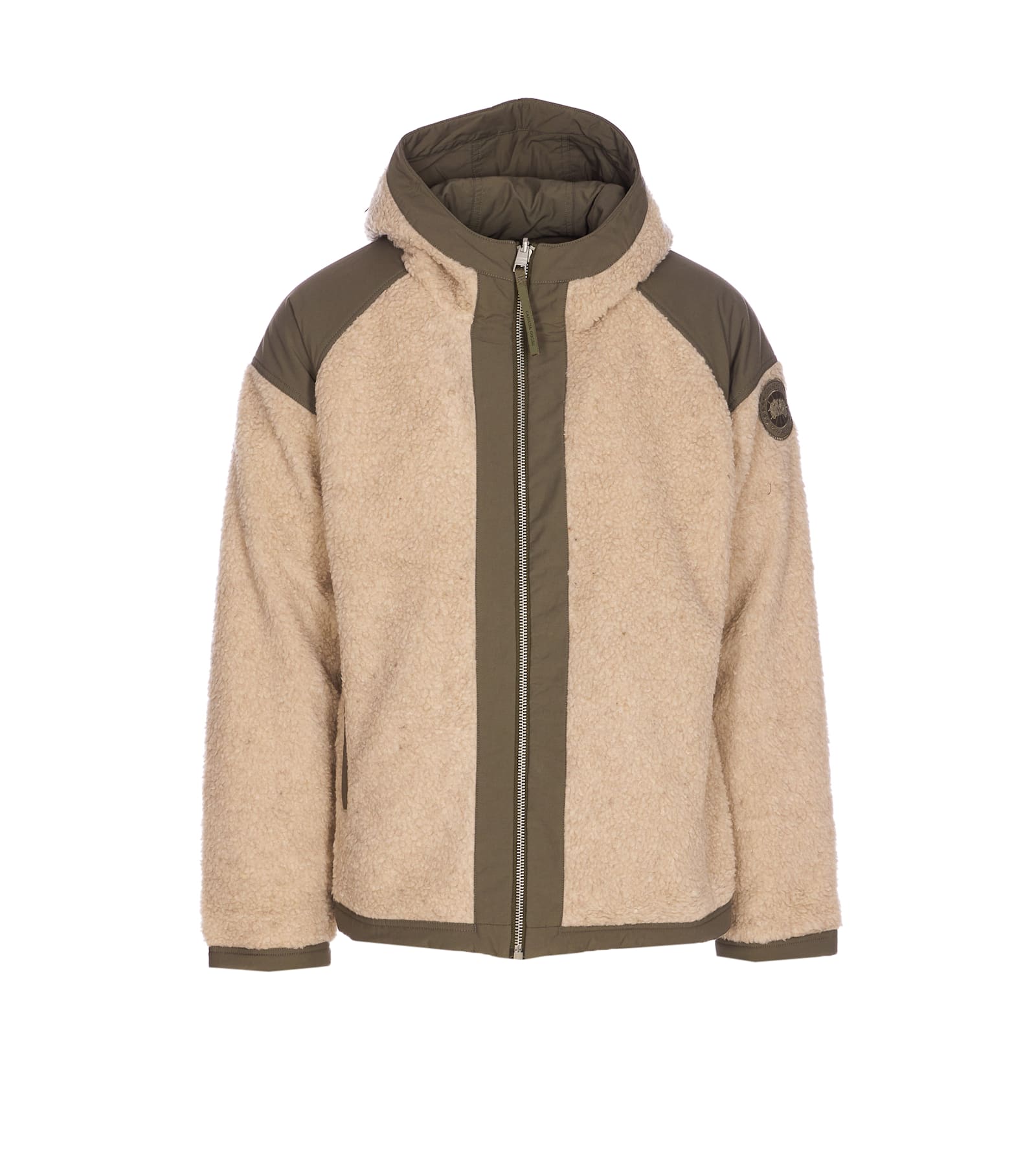 Canada Goose Hooded Shearling Effect Jacket With Contrast Panels In Brown
