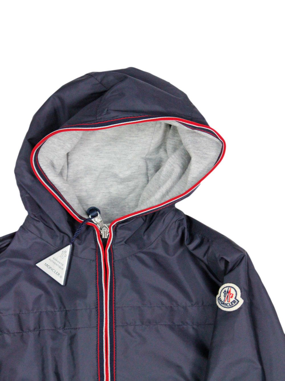 Shop Moncler Windproof Jacket In Technical Fabric With Hood And Cotton Lining. Colored Profile On The Zip And Hoo In Blu