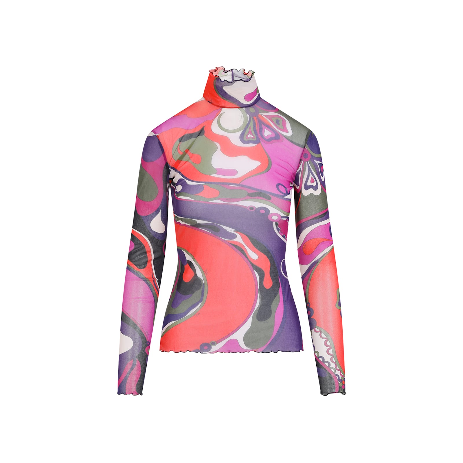 Pucci Long Sleeve Sheer Turtleneck Ruffled In Multi
