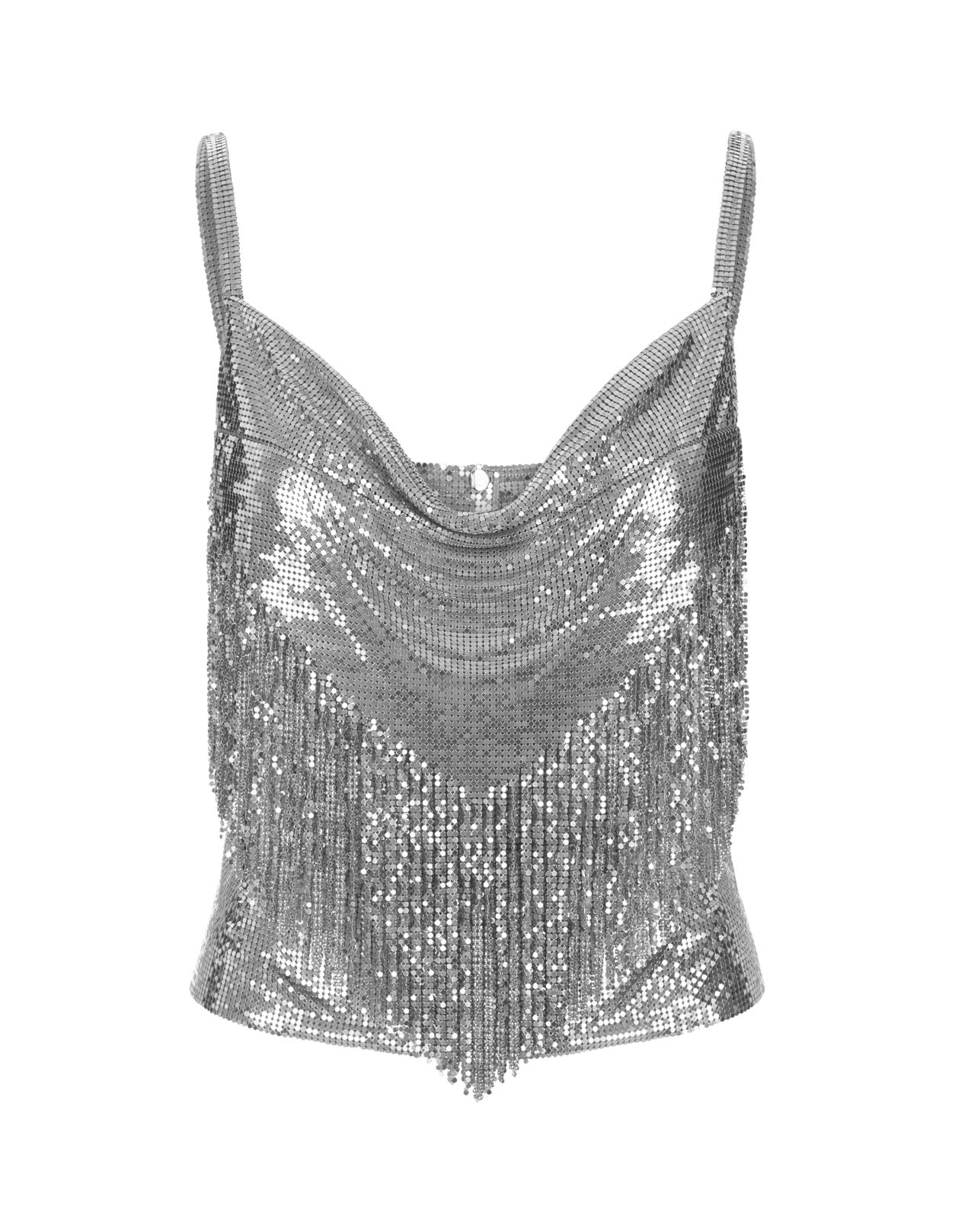 RABANNE SILVER MESH TOP WITH FRINGES