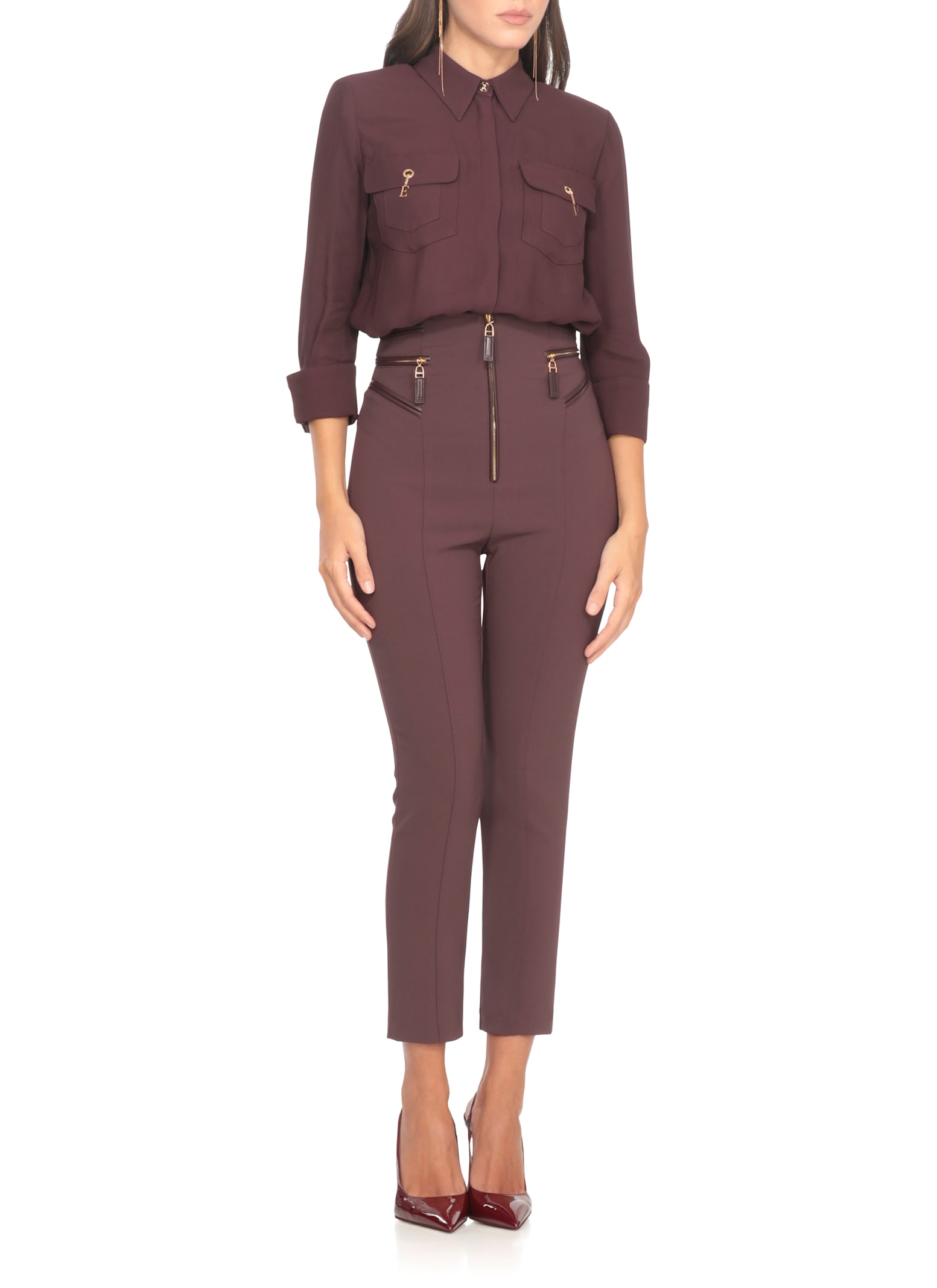 Elisabetta Franchi Shirt With Chest Pockets And Collared Neck In Burgundy