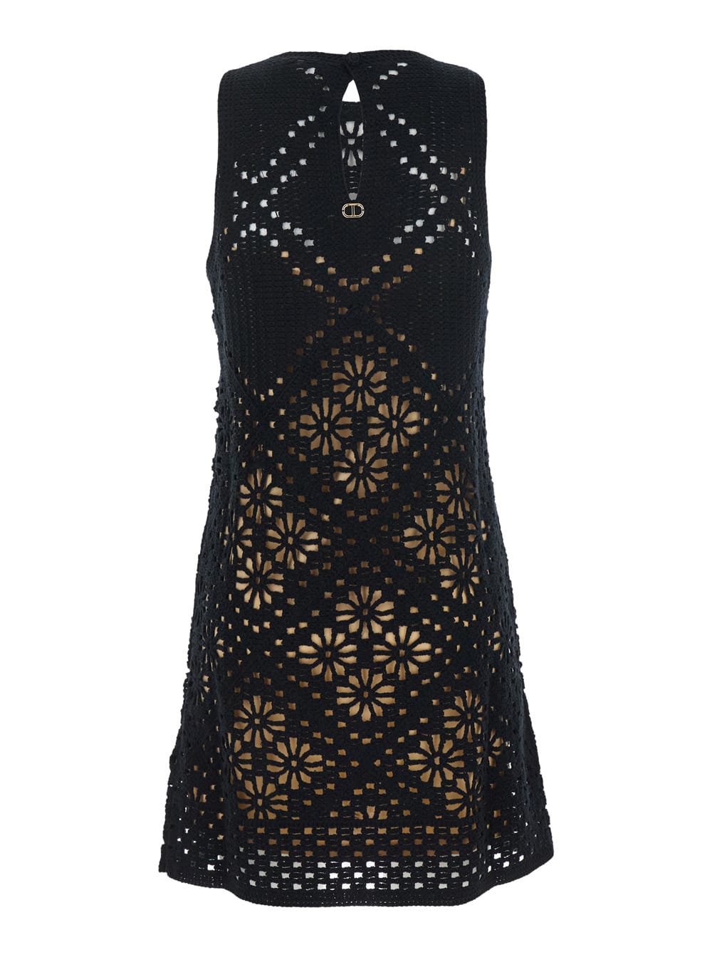 Twinset Black Dress With Knitted Design And All-over Floral Embroidery In Cotton Woman