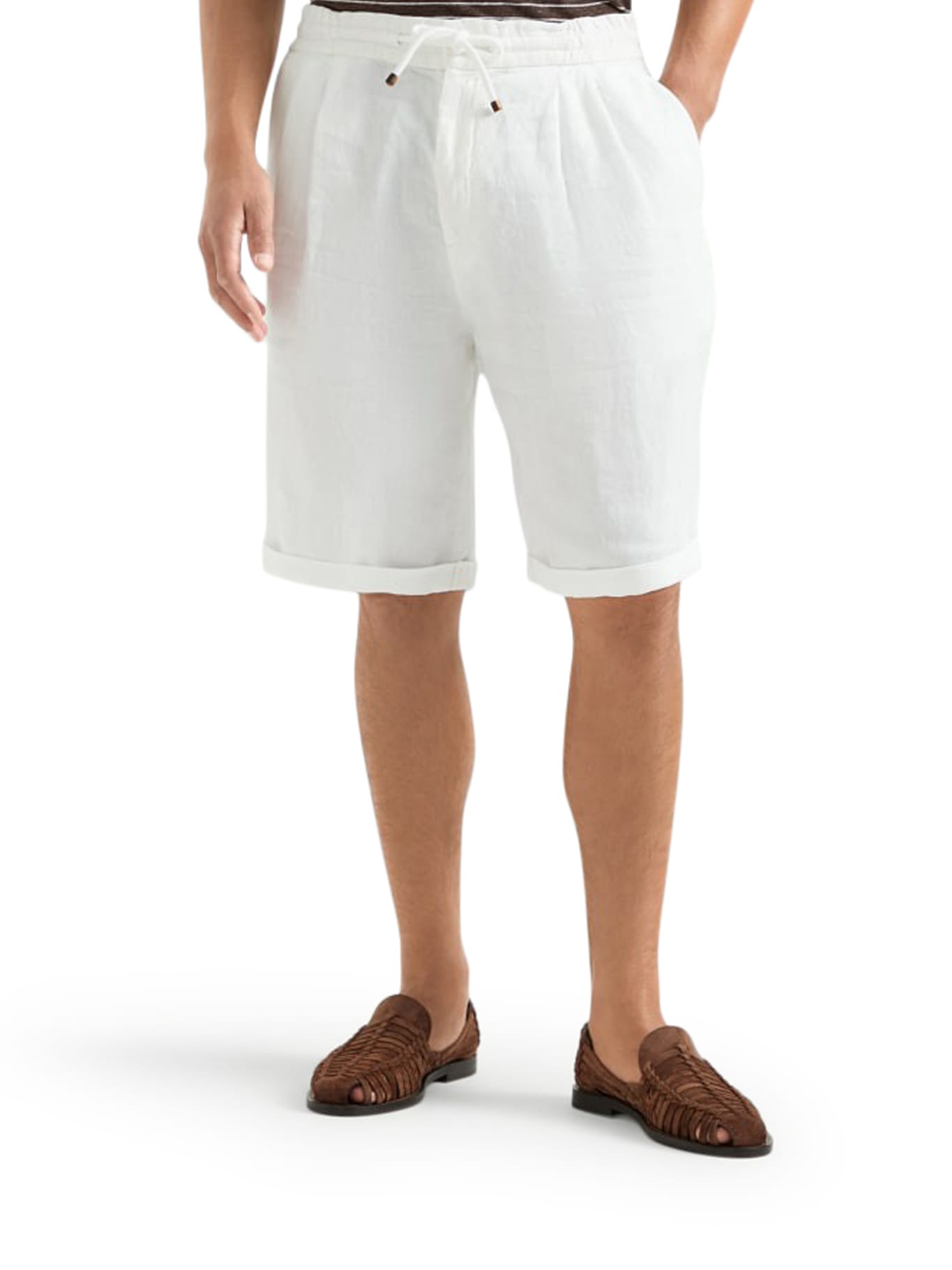 Brunello Cucinelli Garment Dyed Linen Gabardine Bermuda Shorts With Drawstring And Darts In C2200
