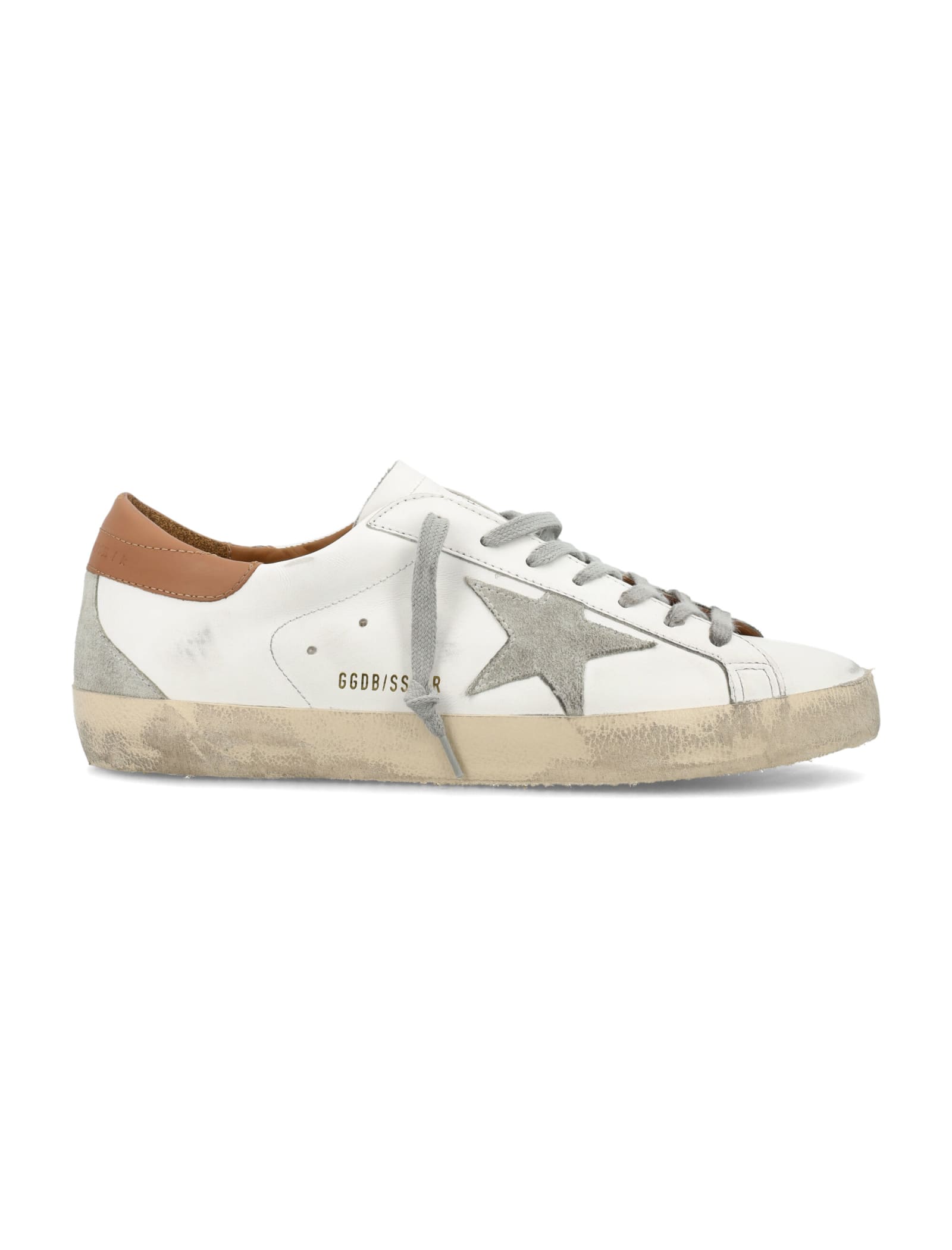 Golden Goose Super-star Sneakers With Ice-gray Suede Star And Light Brown Heel Tab Shoes In White/ice/light Brown