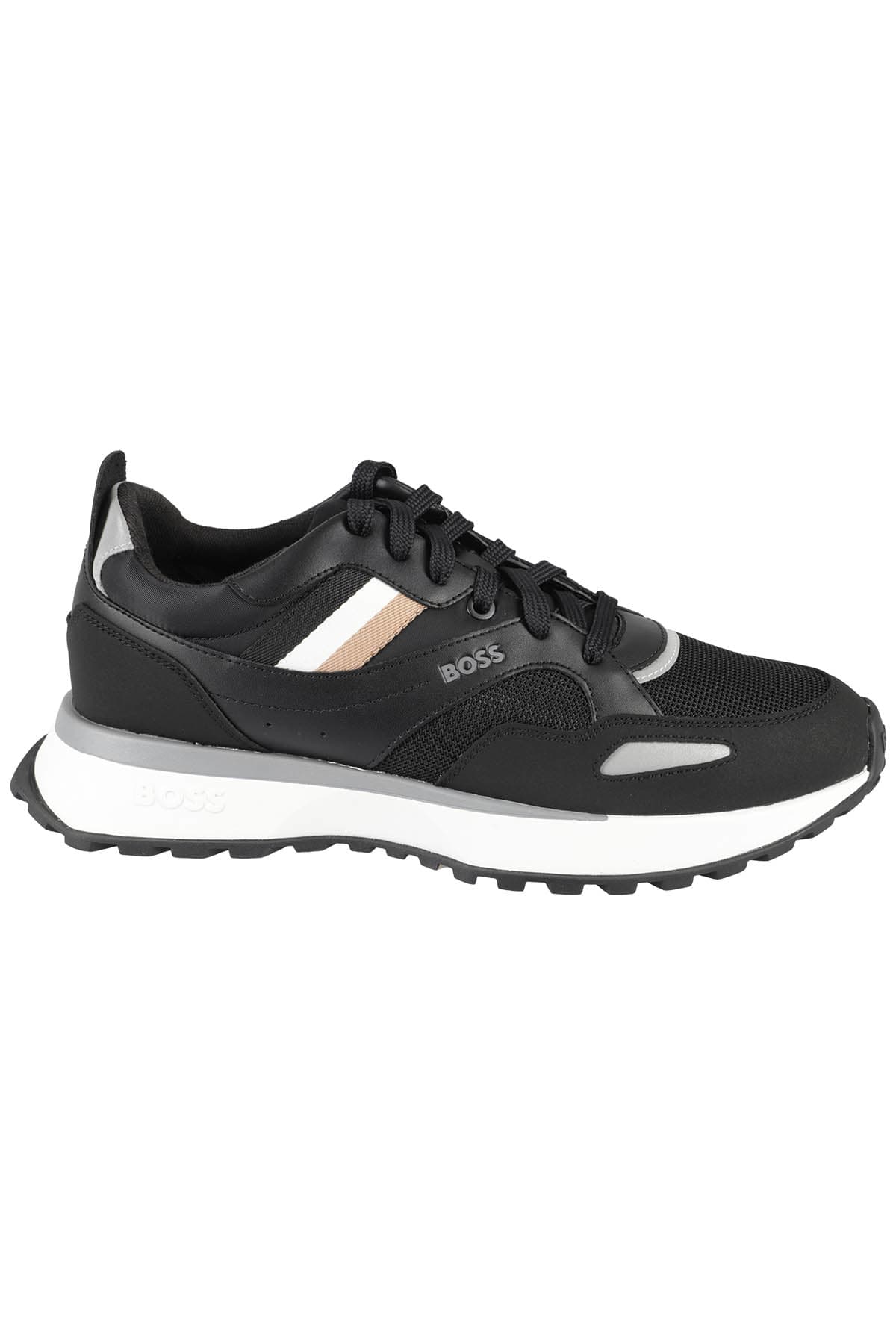 Hugo Boss Striped-trim Faux-leather And Mesh Low-top Trainers In Black
