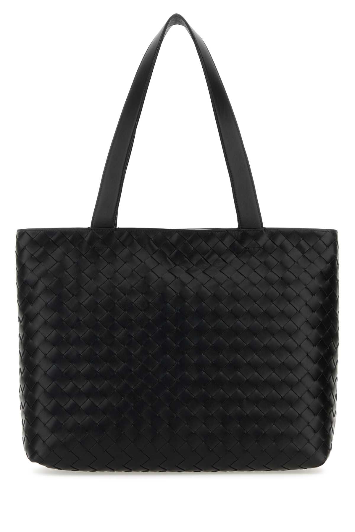 Shop Bottega Veneta Black Leather Small Intrecciato Shopping Bag In Blacksilver
