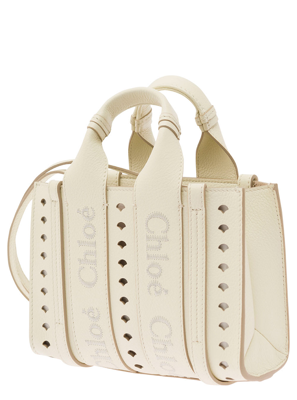 Shop Chloé Mini White Tote Bag With Logo Embroidery And Cut-out In Leather Woman