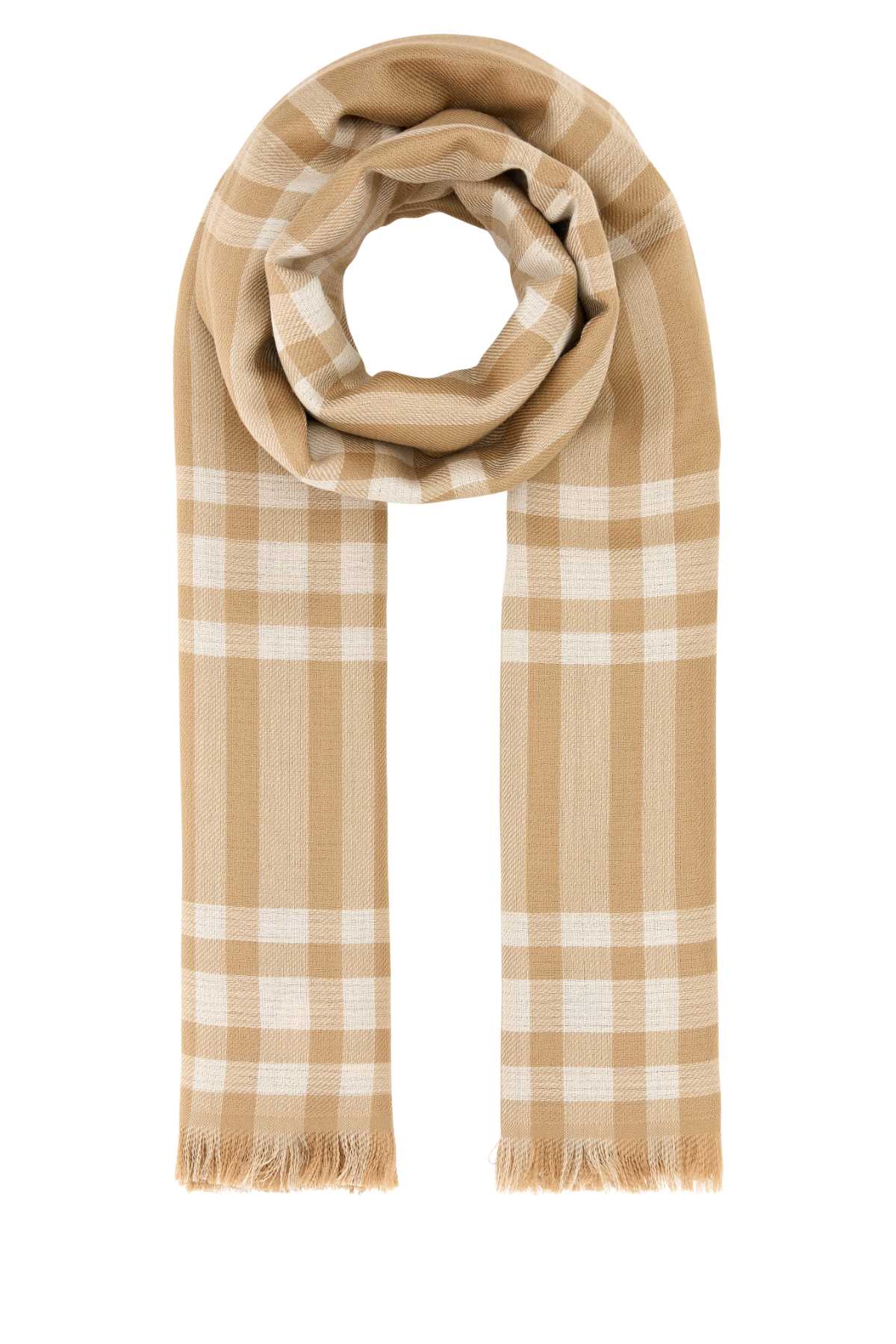 Shop Burberry Embroidered Wool Blend Scarf In Camel