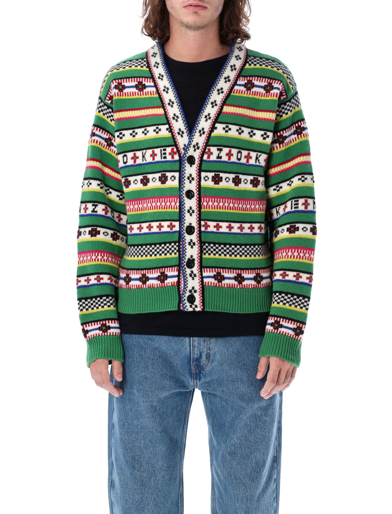 Kenzo Regular Fit Jacquard Wool Cardigan In Green