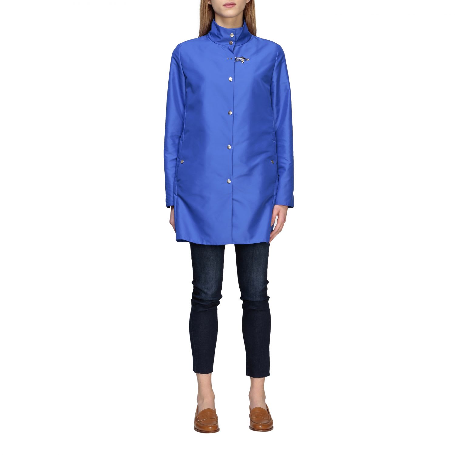 Fay Virginia Caban Coat In Nylon With Frog In Royal Blue