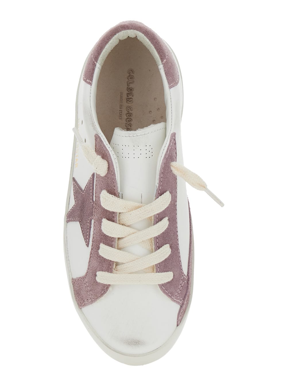 Golden Goose Super Star White Low Top Sneakers With Star Shaped Patch On The Side And Logo Patch On The Tongue In In White