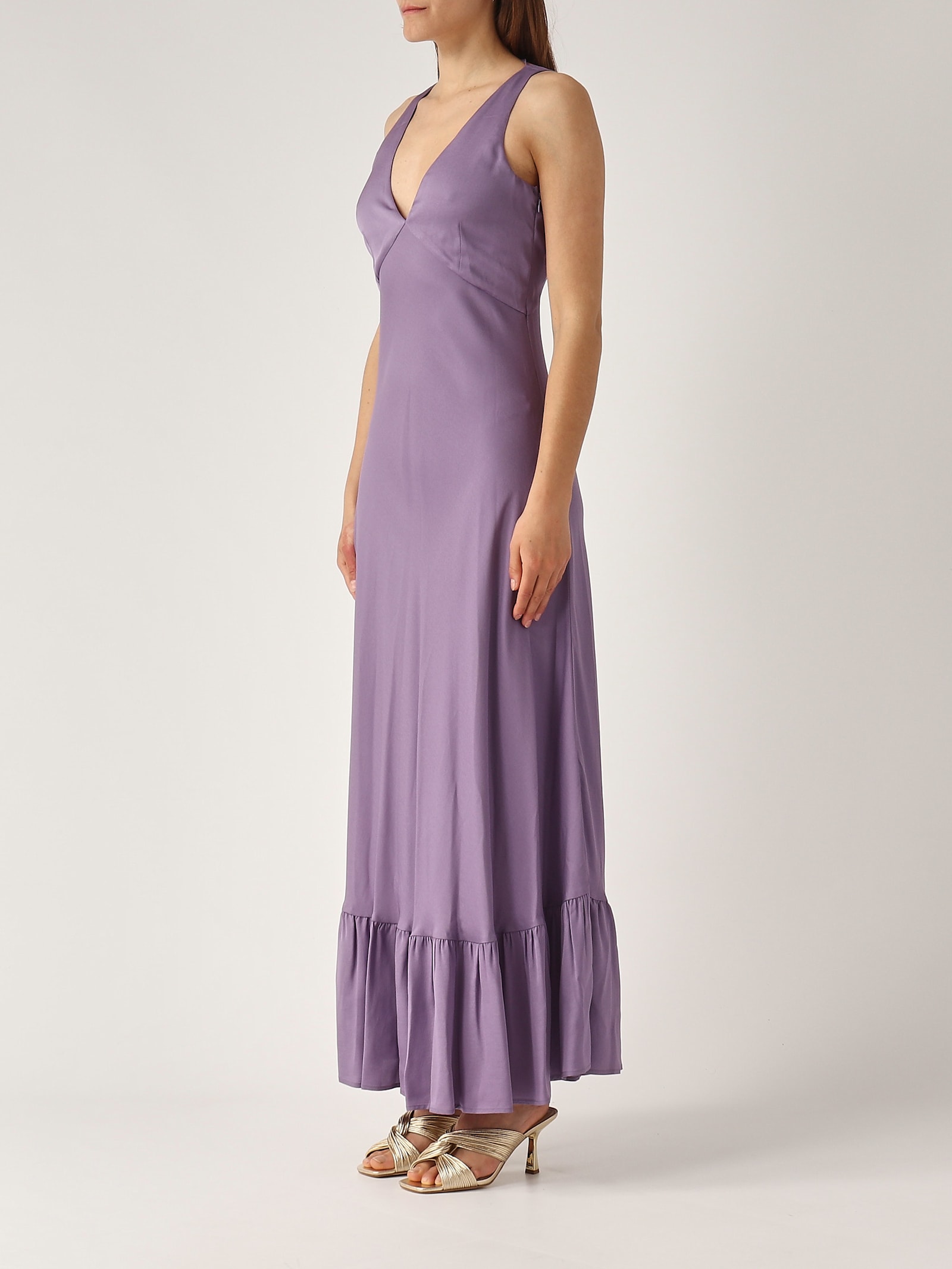 Twinset Twin-set Deep V-neck Maxi Dress With Flounced Hem In Lavanda