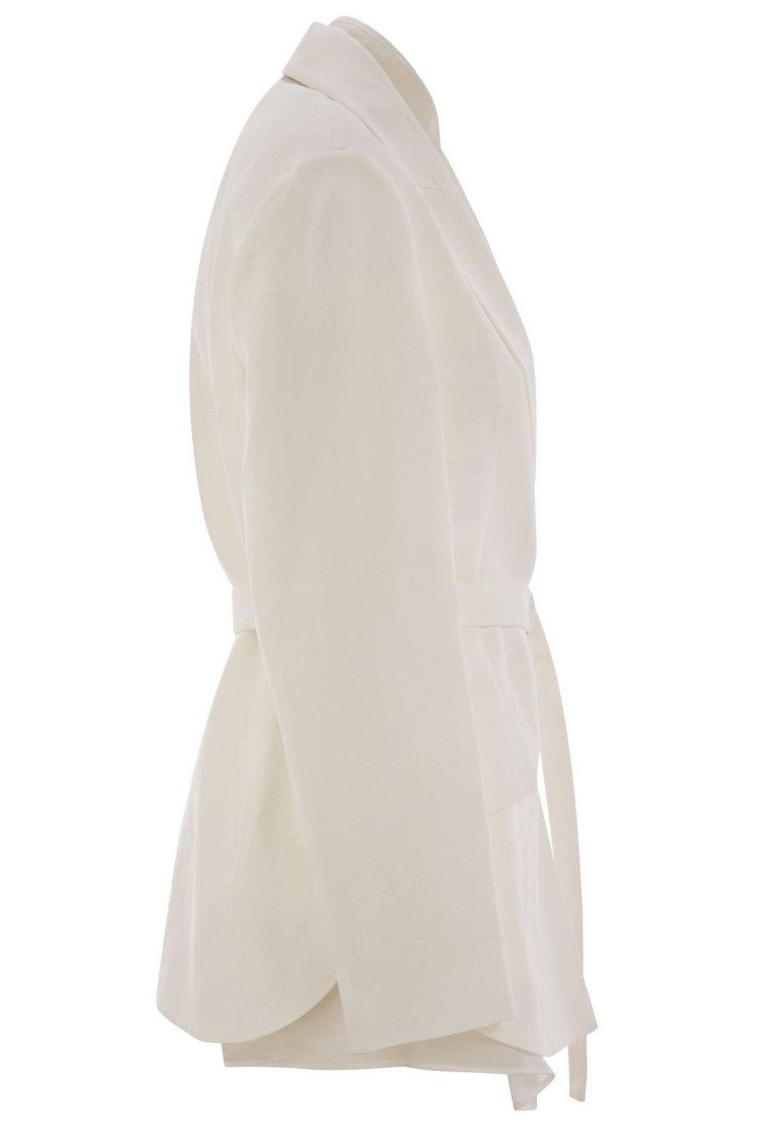 Brunello Cucinelli Women Fluid Viscose And Linen Twill Jacket With Belt And Necklace In White