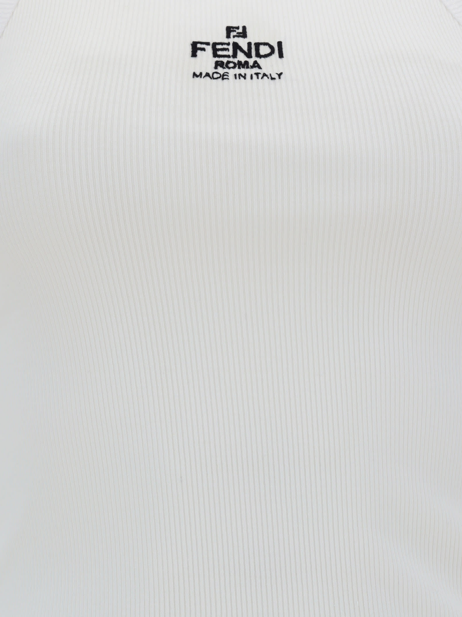 Fendi Women White Ribbed Tank Top With Contrasting Logo Embroidery In Stretch Cotton Woman In White