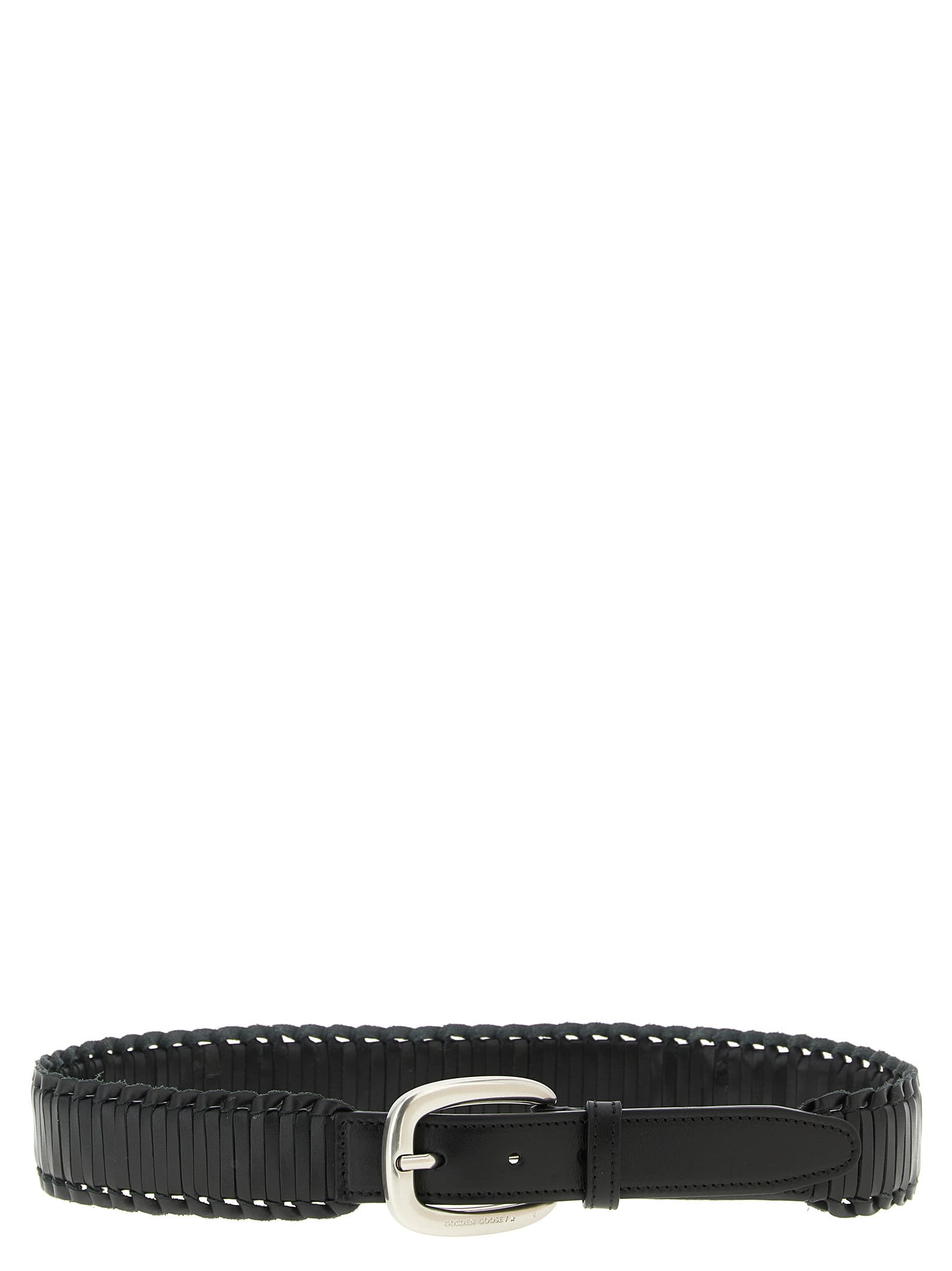 Golden Goose Woven Design Belt Silver Buckle In Black