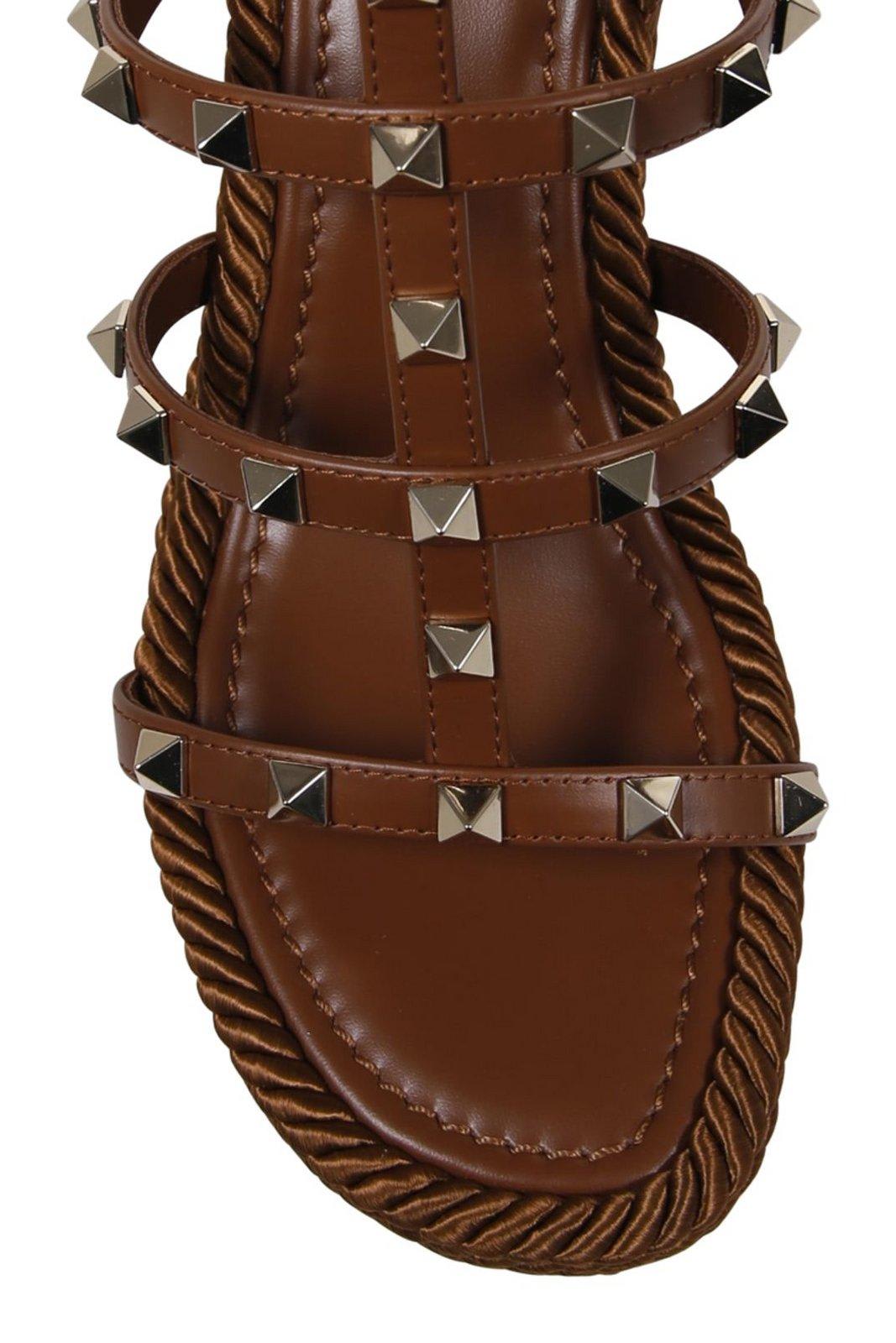 Valentino Rockstud Torchon 105 Leather Espadrille Wedge Sandals In Brown