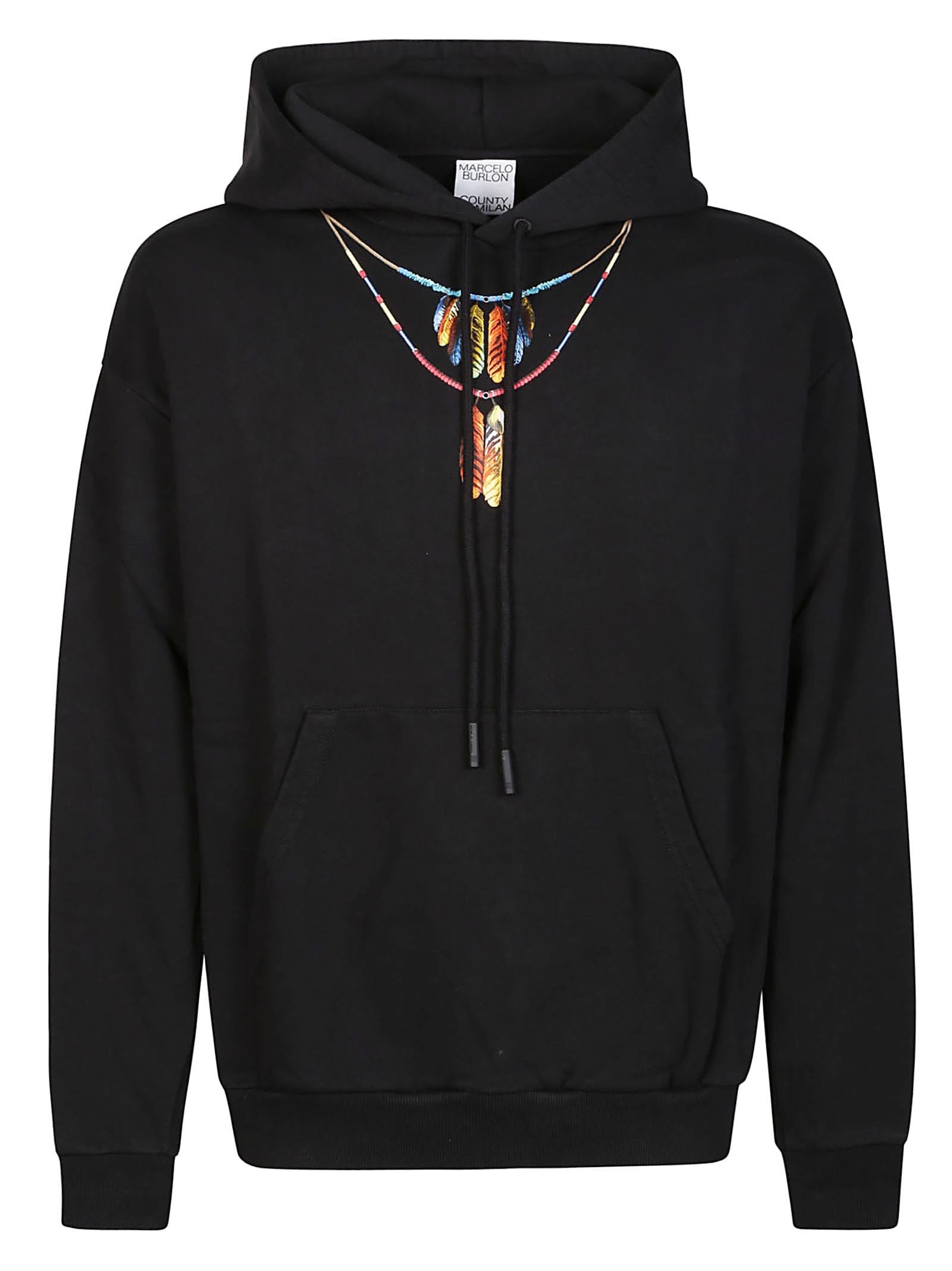 Shop Marcelo Burlon County Of Milan Feathers Necklace Over Sweatshirt In Black Red