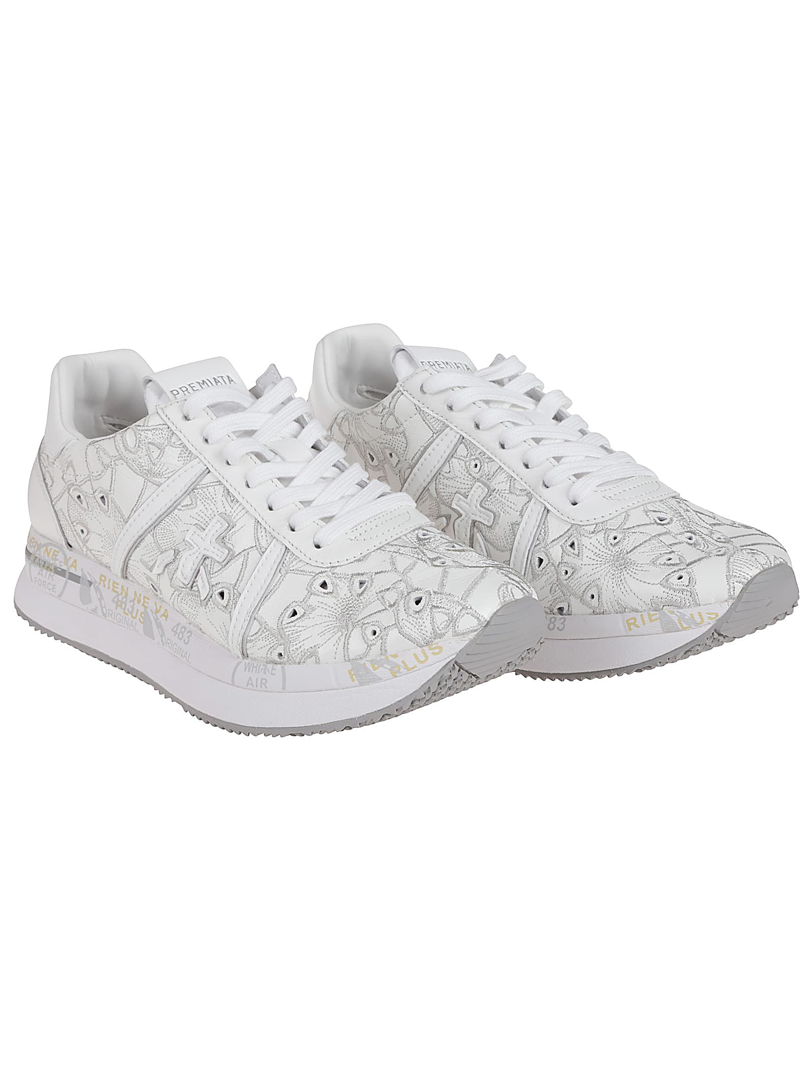 Premiata Low Top Leather Sneakers With Embroidered Round Toe In White