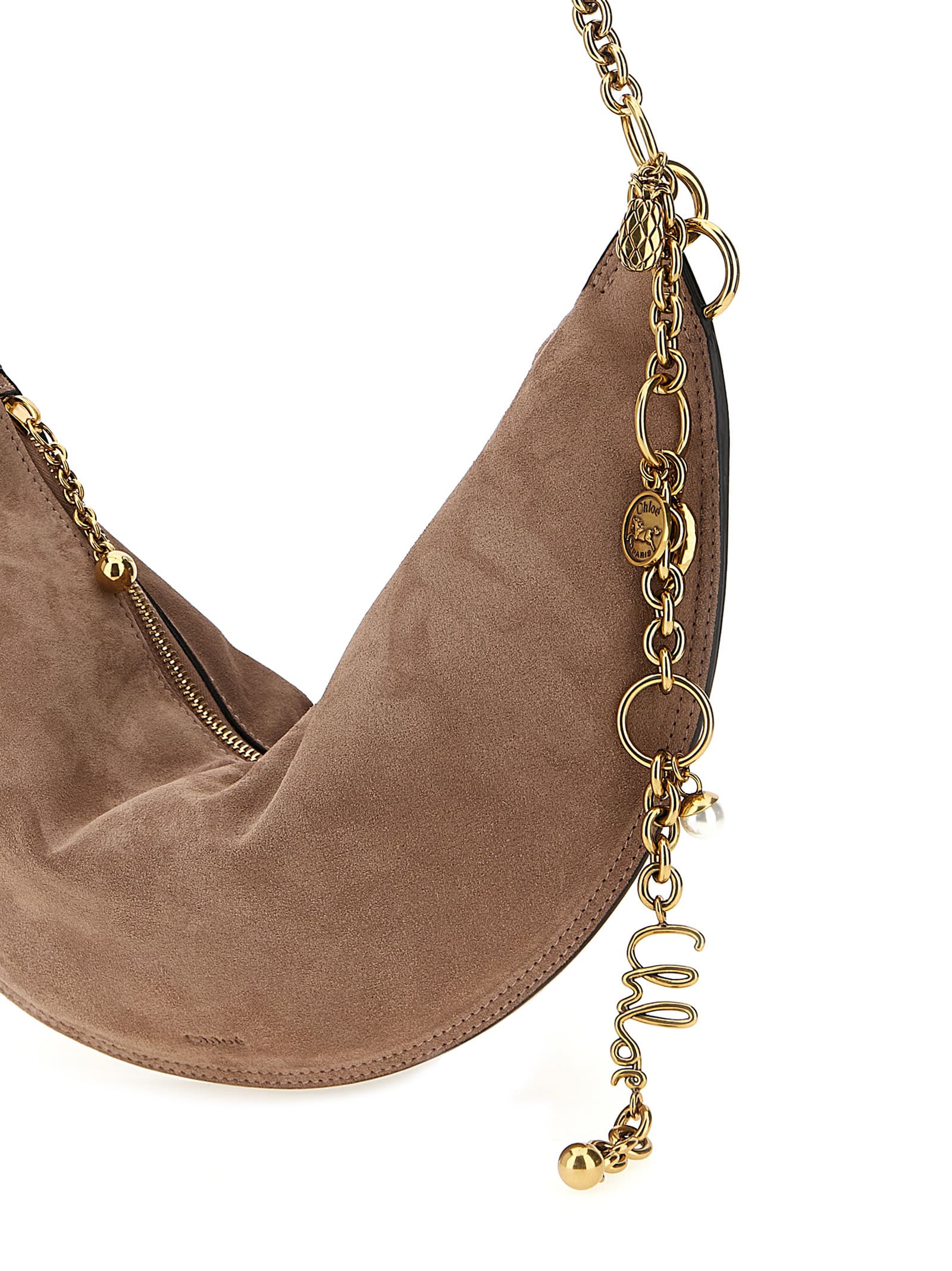 Chloé Half-moon Suede Finish Gold-tone Chain Shoulder Bag In Brown