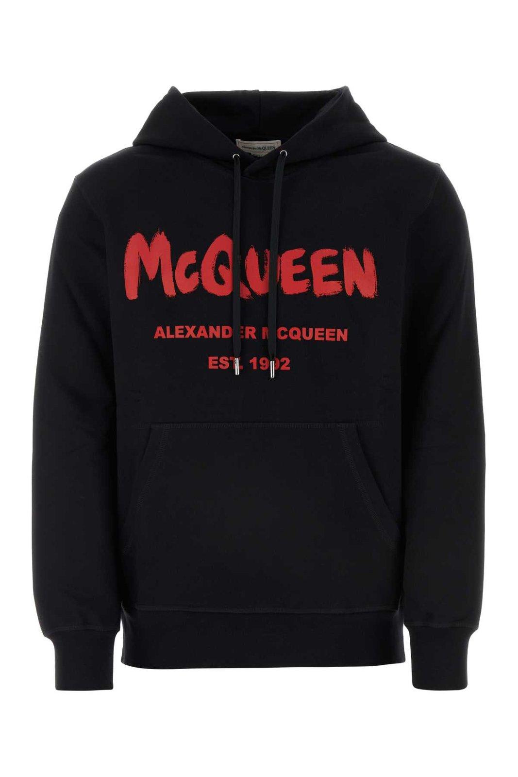 Shop Alexander Mcqueen Logo Printed Drawstring Hoodie In Black