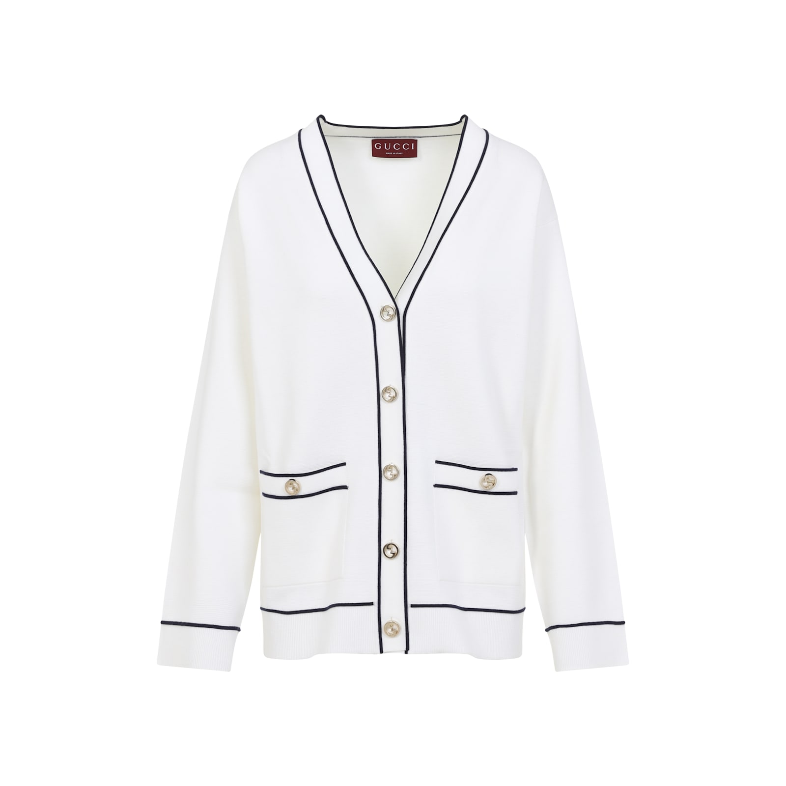 Gucci Incrocio Gg Ribbed-knit Cardigan In White Blue