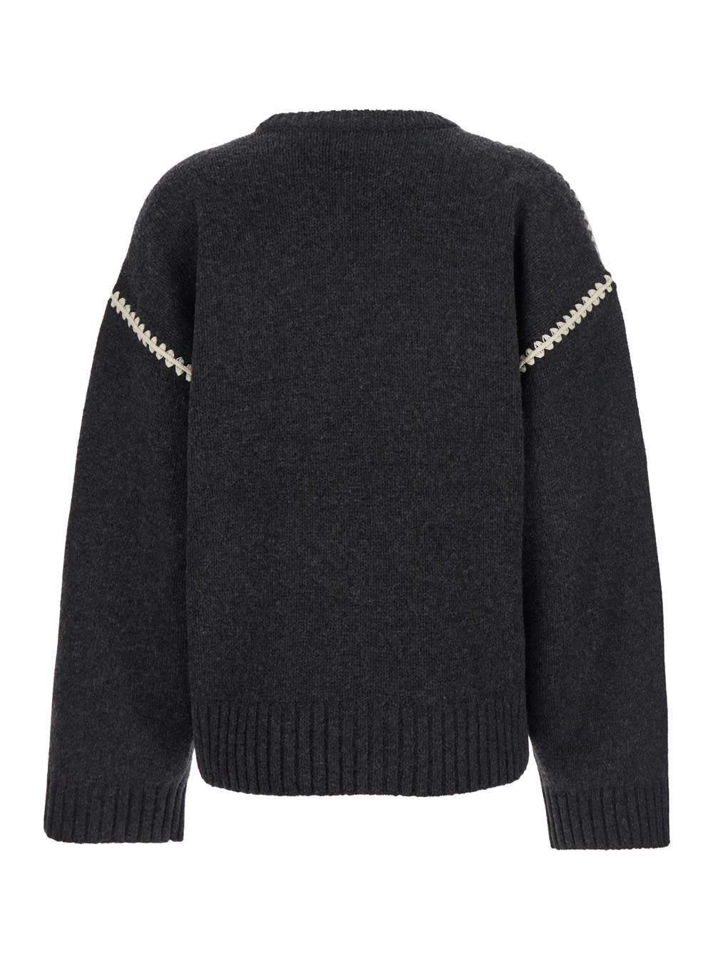 Shop Totême Grey Crewneck Sweater With Embroidery Detail On The Sleeve In Wool And Cashmere Blend Woman