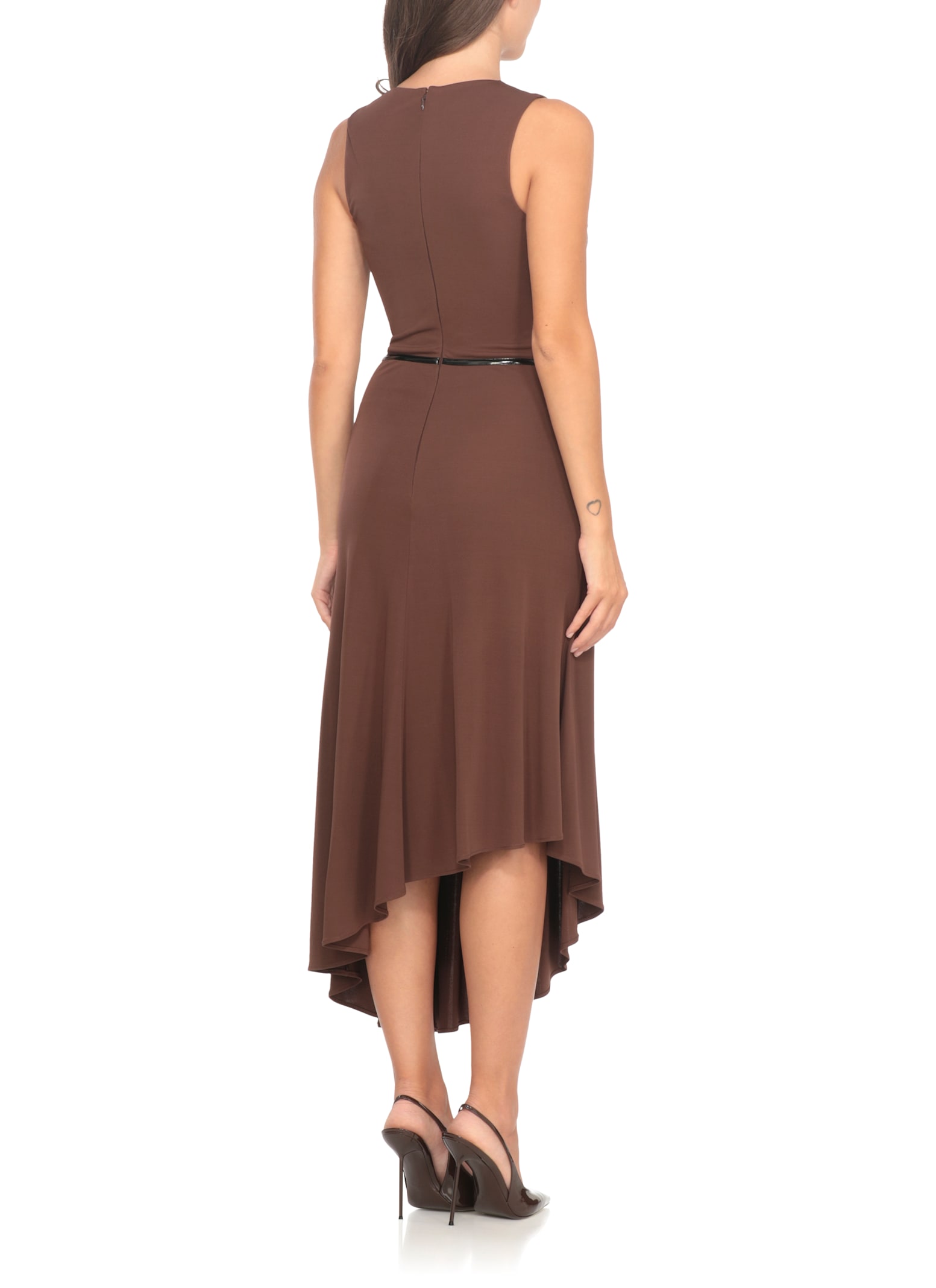 Elisabetta Franchi Midi Dress With Asymmetrical Hem And Corset In Brown