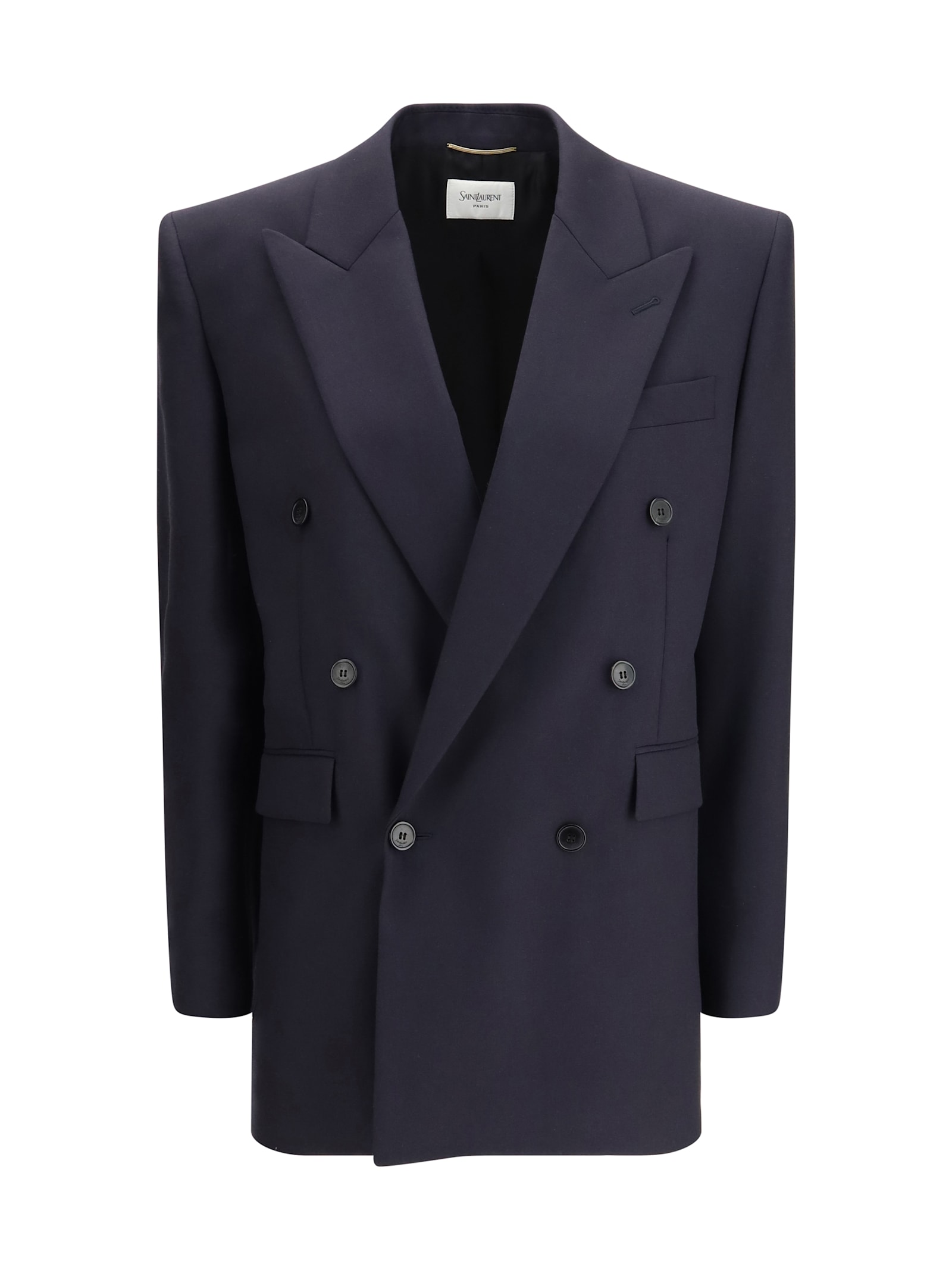 Saint Laurent Long Wool-gabardine Blazer In Blue