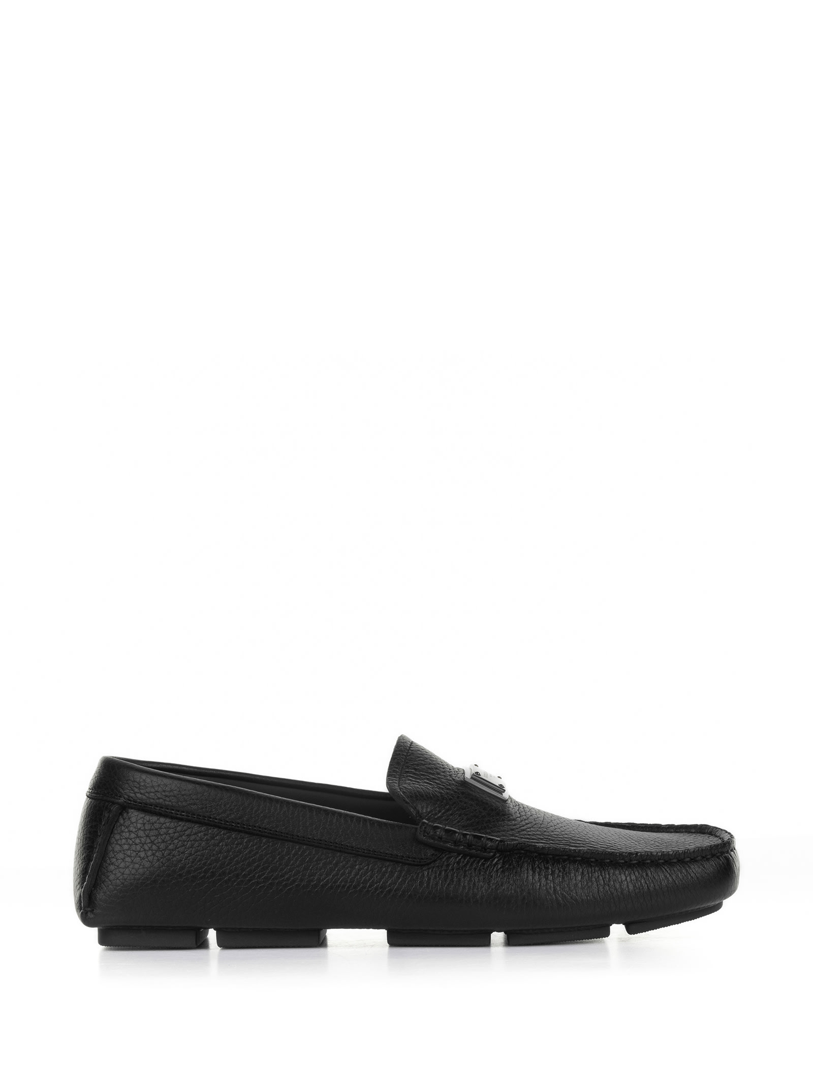 Dolce & Gabbana Driver Moccasin In Leather With Logo Plate In Nero