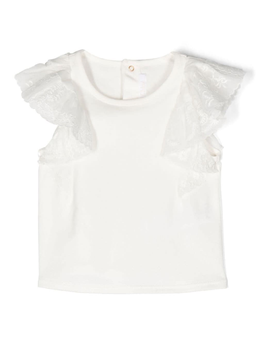 Shop Chloé White T-shirt With Flutter Ruched Sleeves In Cotton Girl