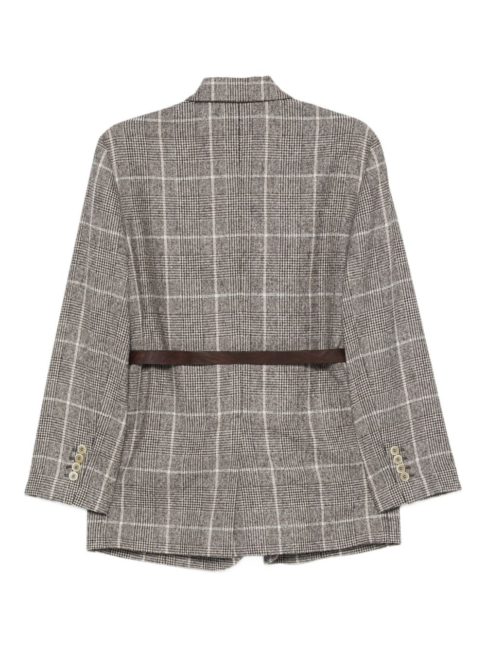 Brunello Cucinelli Belted Checked Wool Jacket With Pockets In Gray