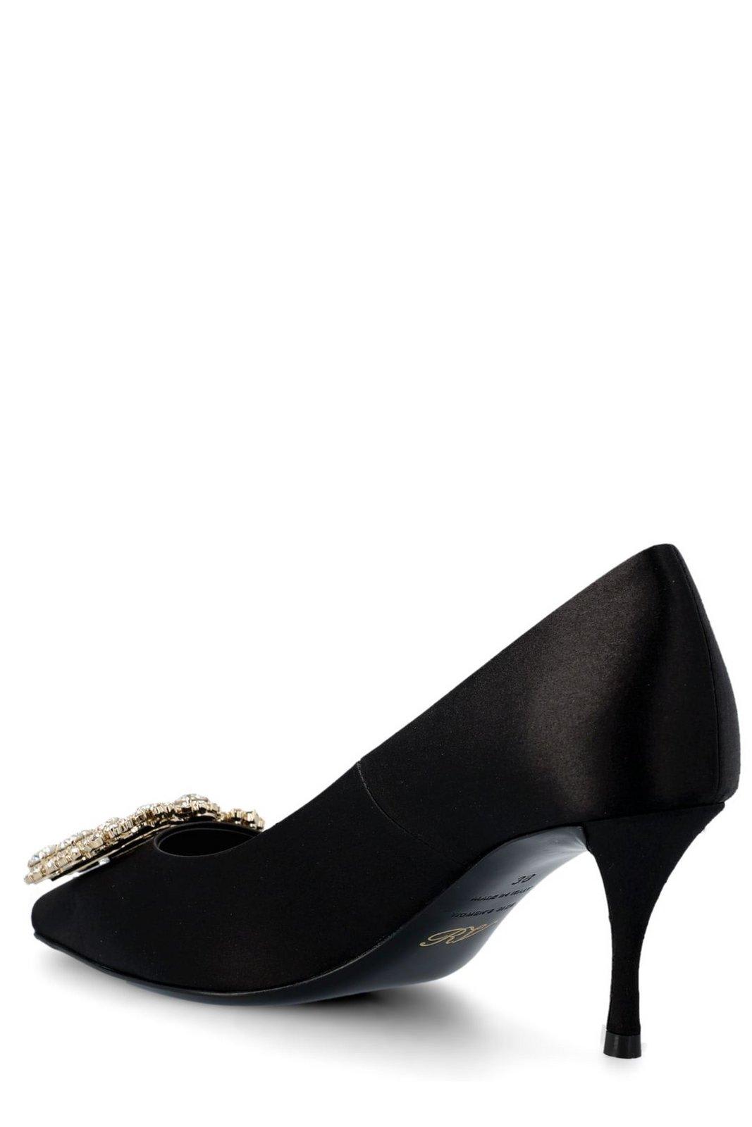 Roger Vivier 65 Crystal Flower Buckle Satin Pumps In Black