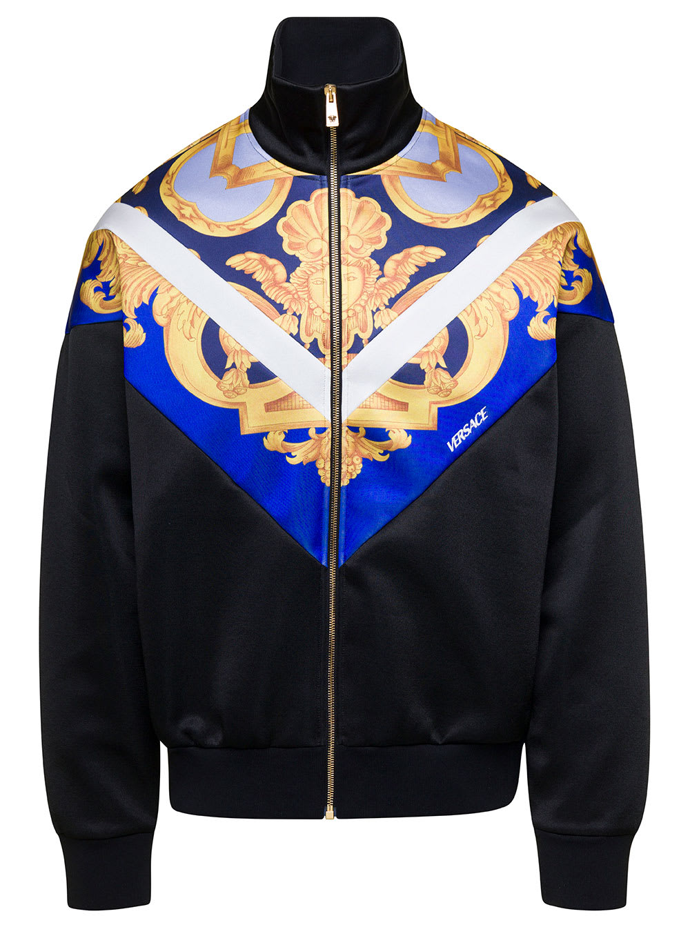 VERSACE BLACK BAROCCO PRINT ZIPPED SWEATSHIRT IN COTTON BLEND MAN