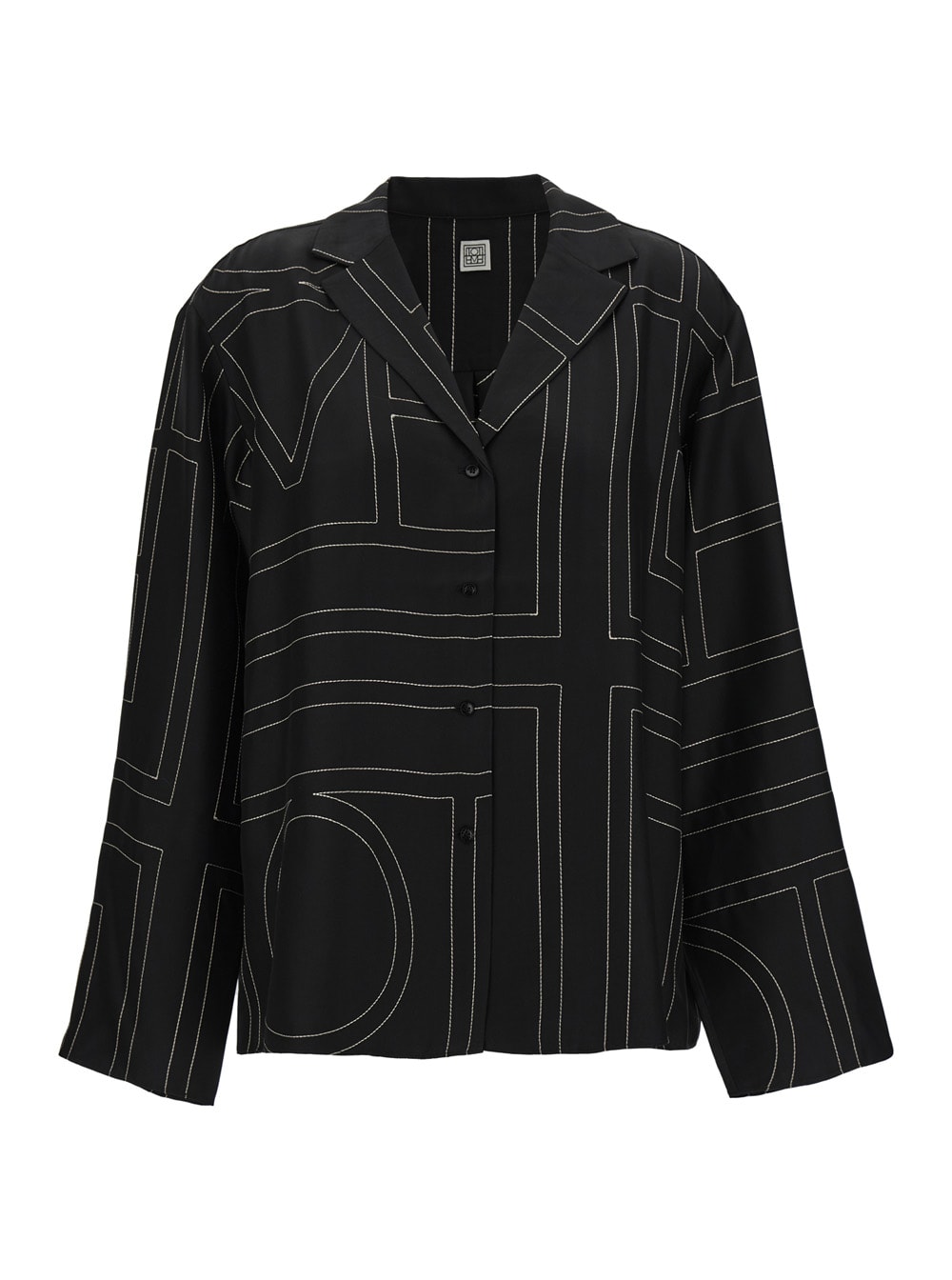 Totême Black Shirt With All-over Monogram Print In Silk Woman
