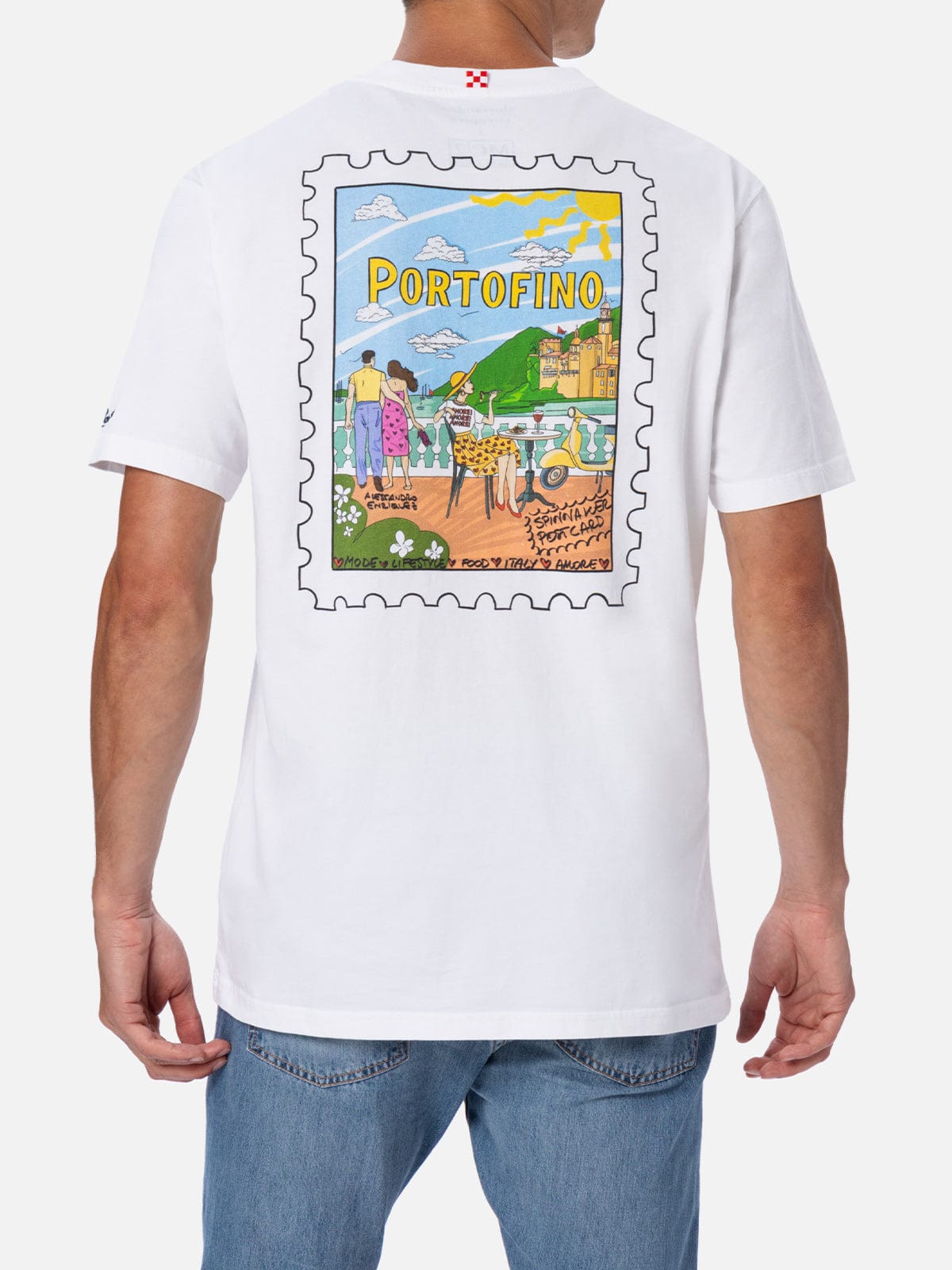 Mc2 Saint Barth Man Cotton T-shirt With Portofino Postcard Front And Back Print Alessandro Enriquez Special Edition In White