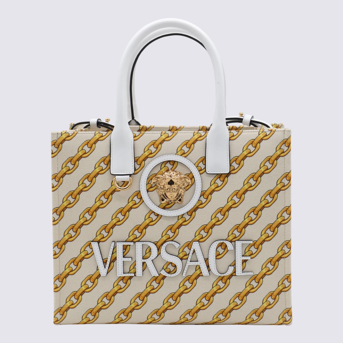 Versace White And Yellow Cotton Totes