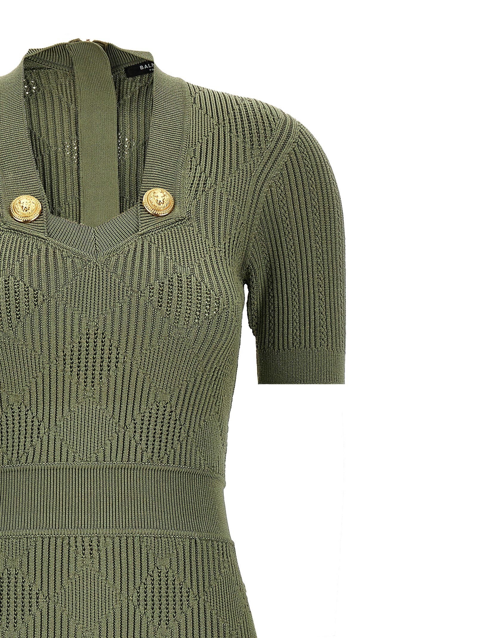 Shop Balmain Openwork Knit Dress In Green