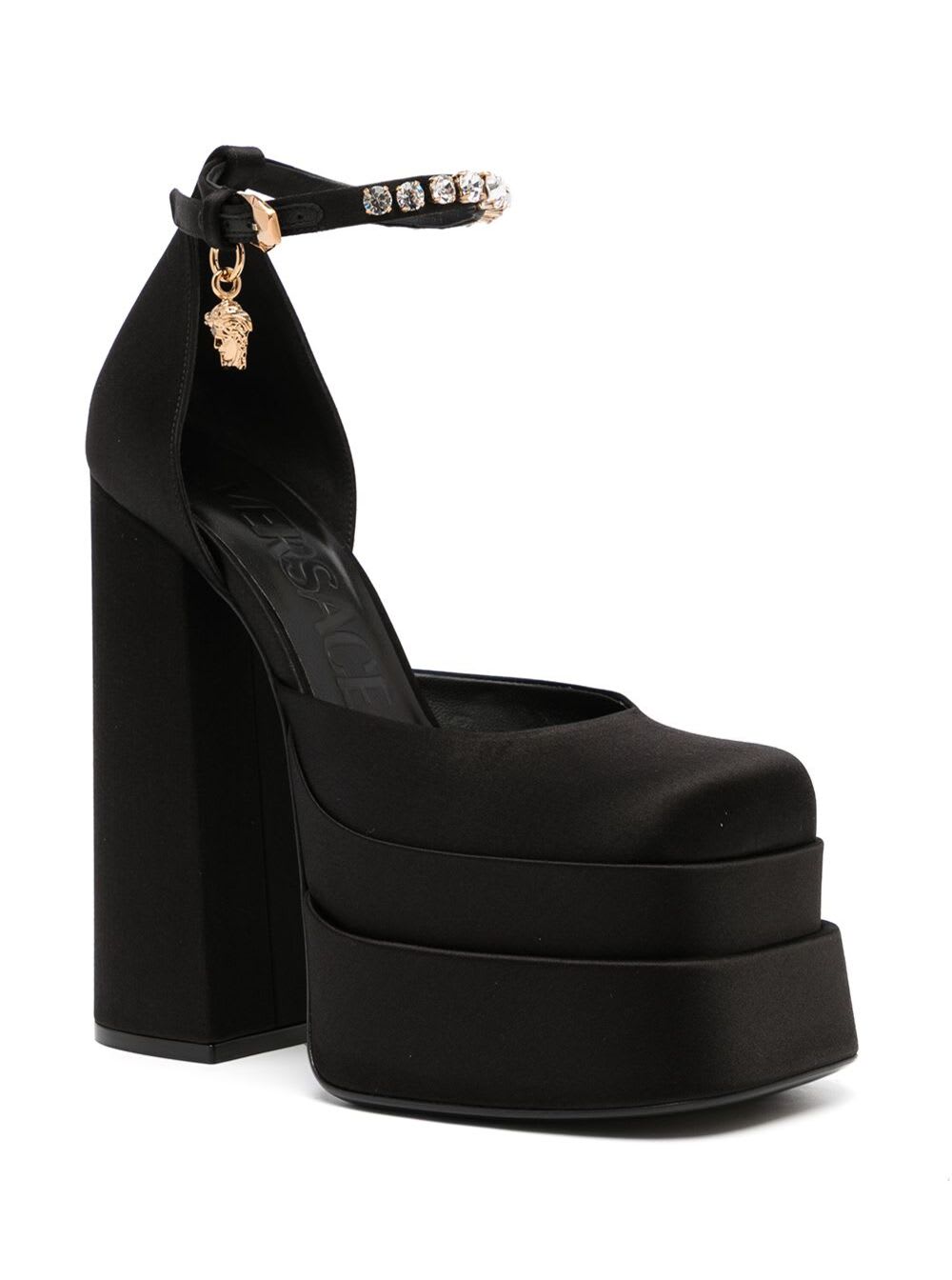 Shop Versace Aevitas Black Pumps With Medusa Charm And Platform In Silk Blend Woman