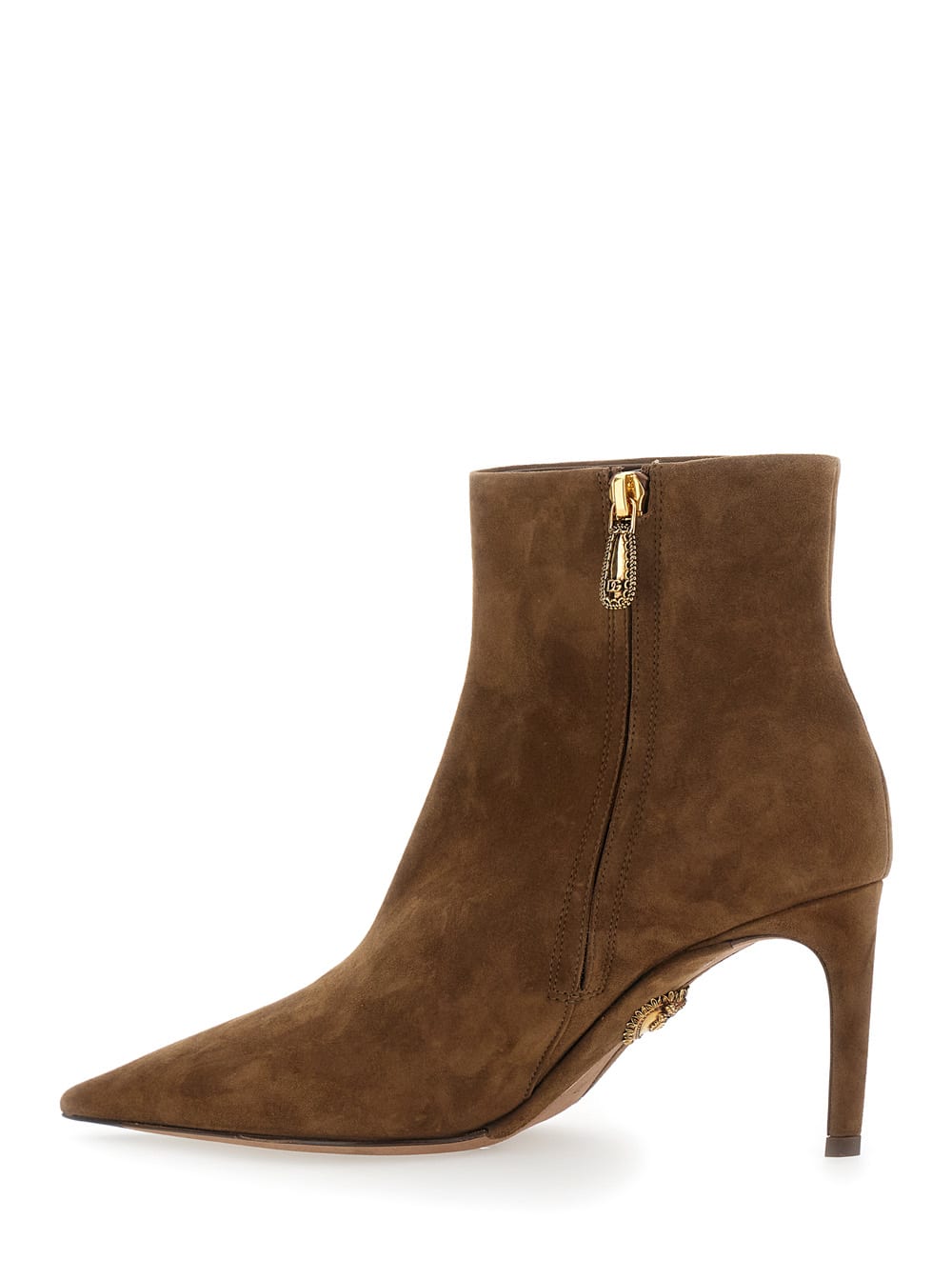 Dolce & Gabbana Brown Ankle Boots With Pointed Toe And Metallic Logo In Suede Woman In Brown