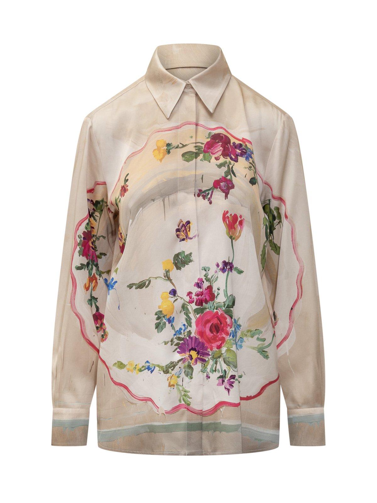 Shop Msgm Floral Printed Straight Hem Shirt In Grey