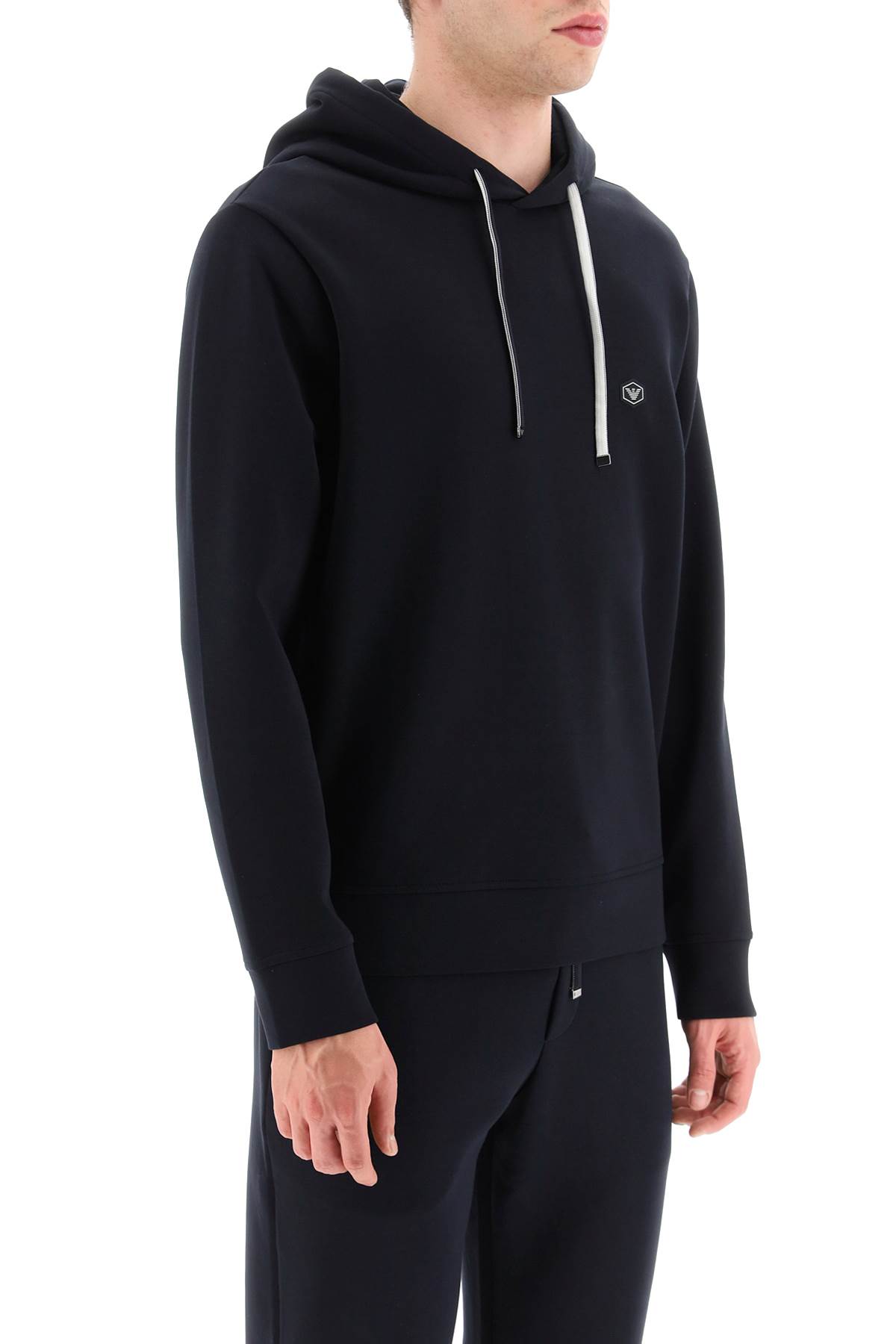 Emporio Armani Ribbed Navy Cotton Hoodie With Drawstring In Blu Navy (blue)
