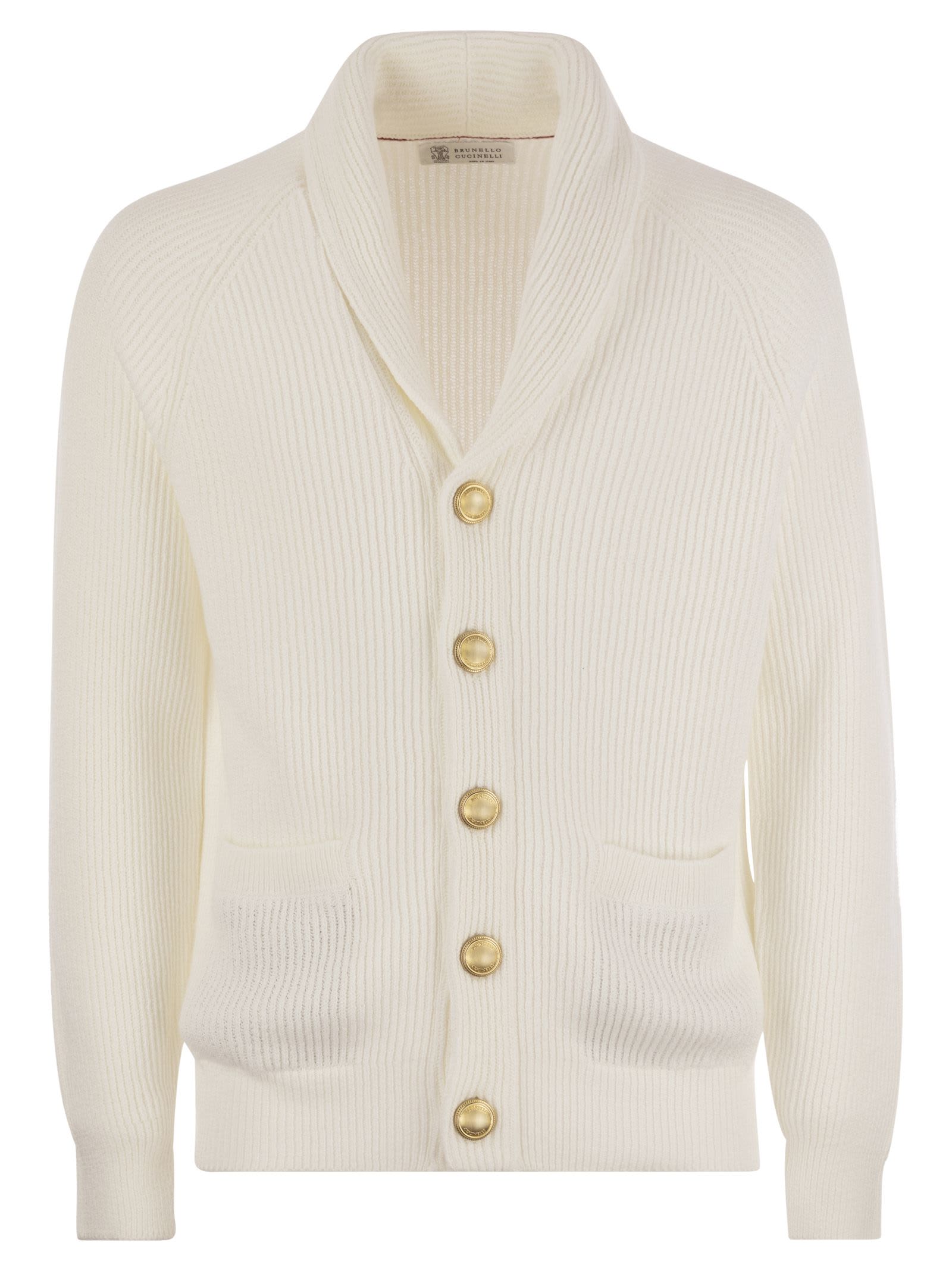 Brunello Cucinelli Pure Cotton Ribbed Cardigan With Metal Button Fastening In White