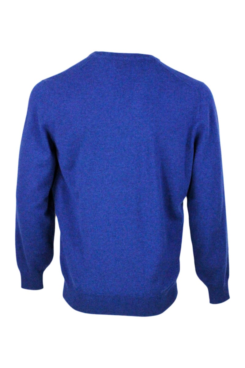 Shop Brunello Cucinelli 100% Fine Cashmere V-neck Sweater With Contrasting Profile In Blu