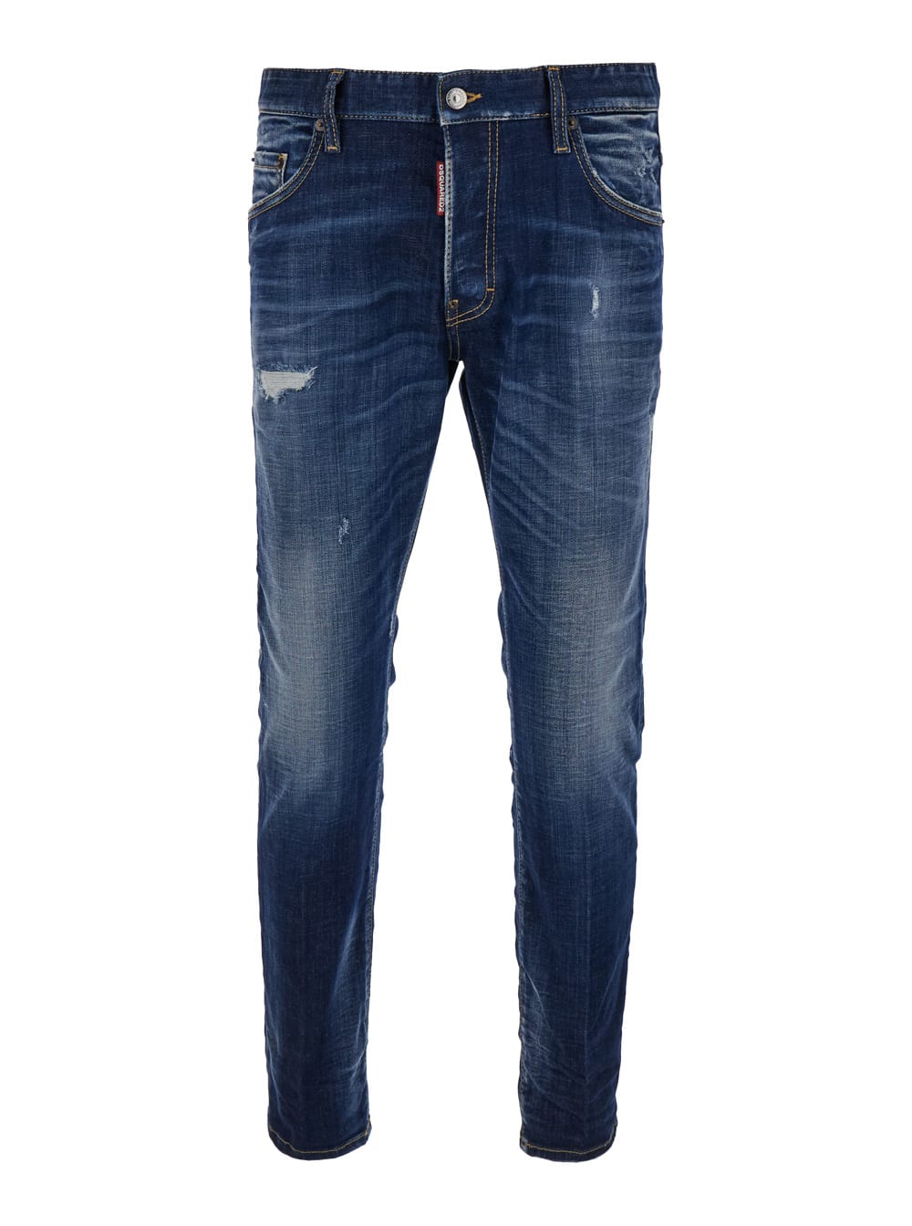 Shop Dsquared2 Skater Blue Fitted Jeans With Logo Patch In Stretch Cotton Denim Man