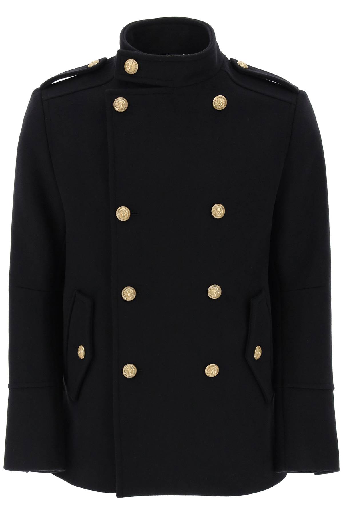 Shop Balmain Double-breasted Peacoat With Embossed Buttons In Nero